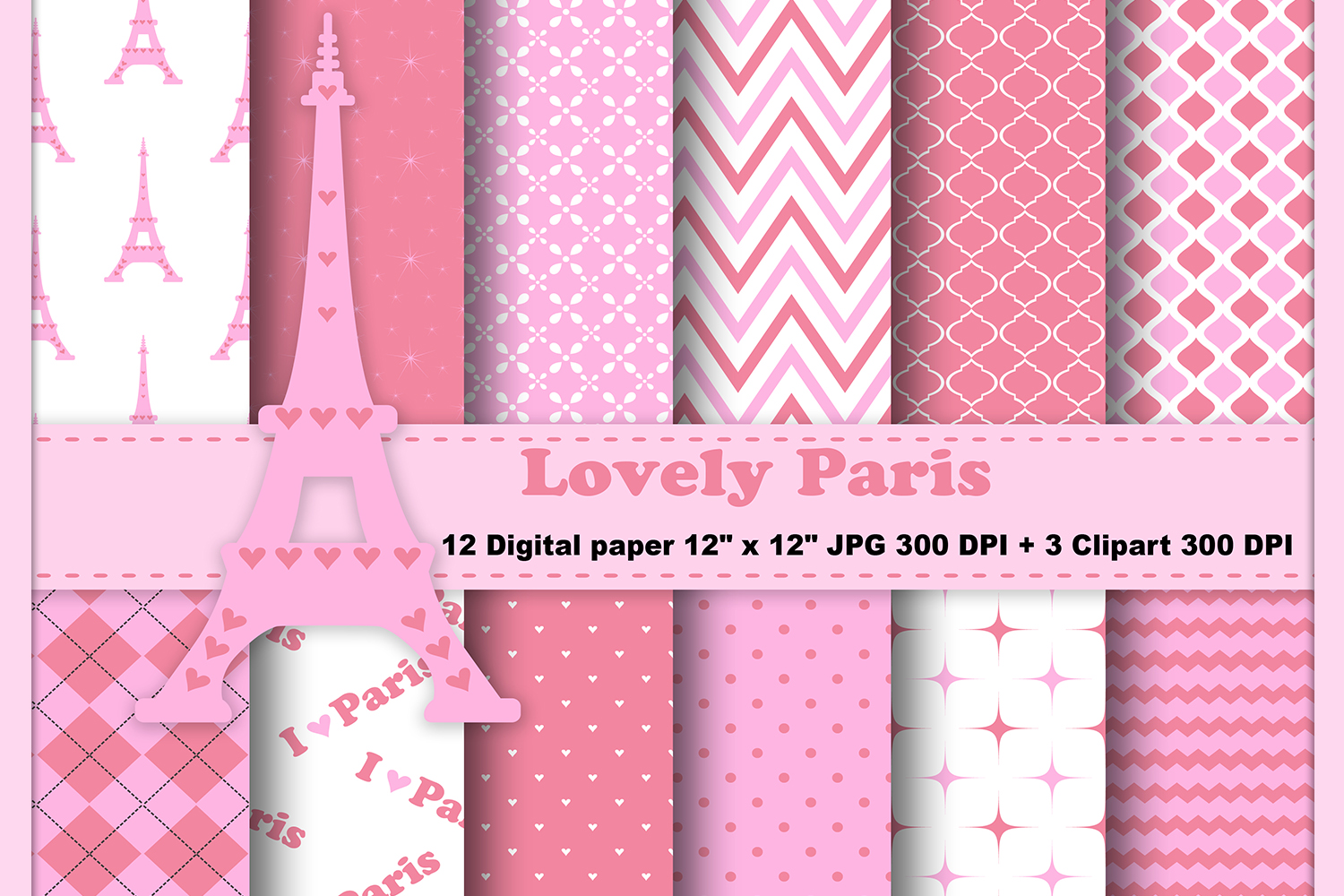 Paris Digital Paper, Eiffel Tower Background, Pink Paris Pattern