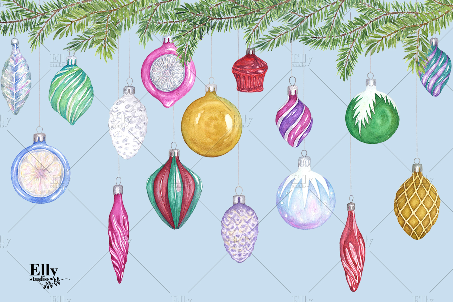 Clip Art Watercolor Christmas Ornaments