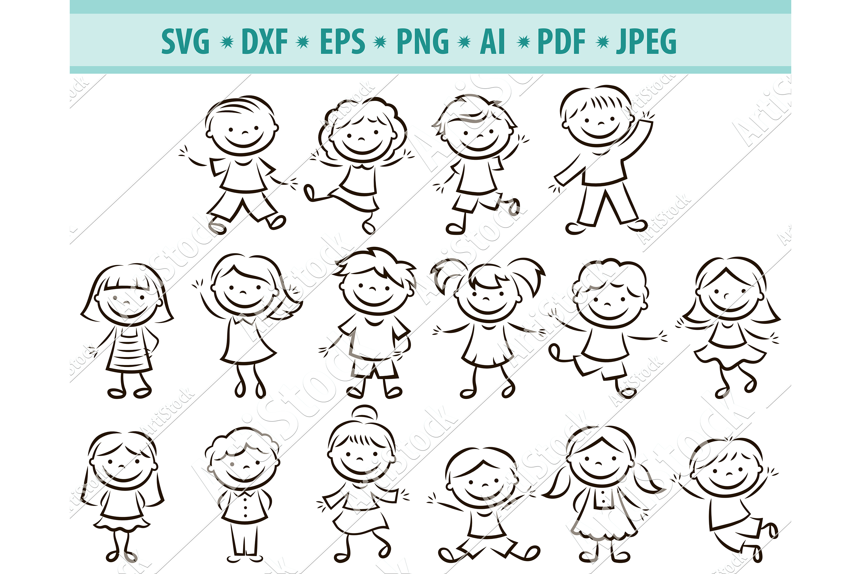 Stick kids svg, Laughing Children figures Svg, Dxf, Png, Eps