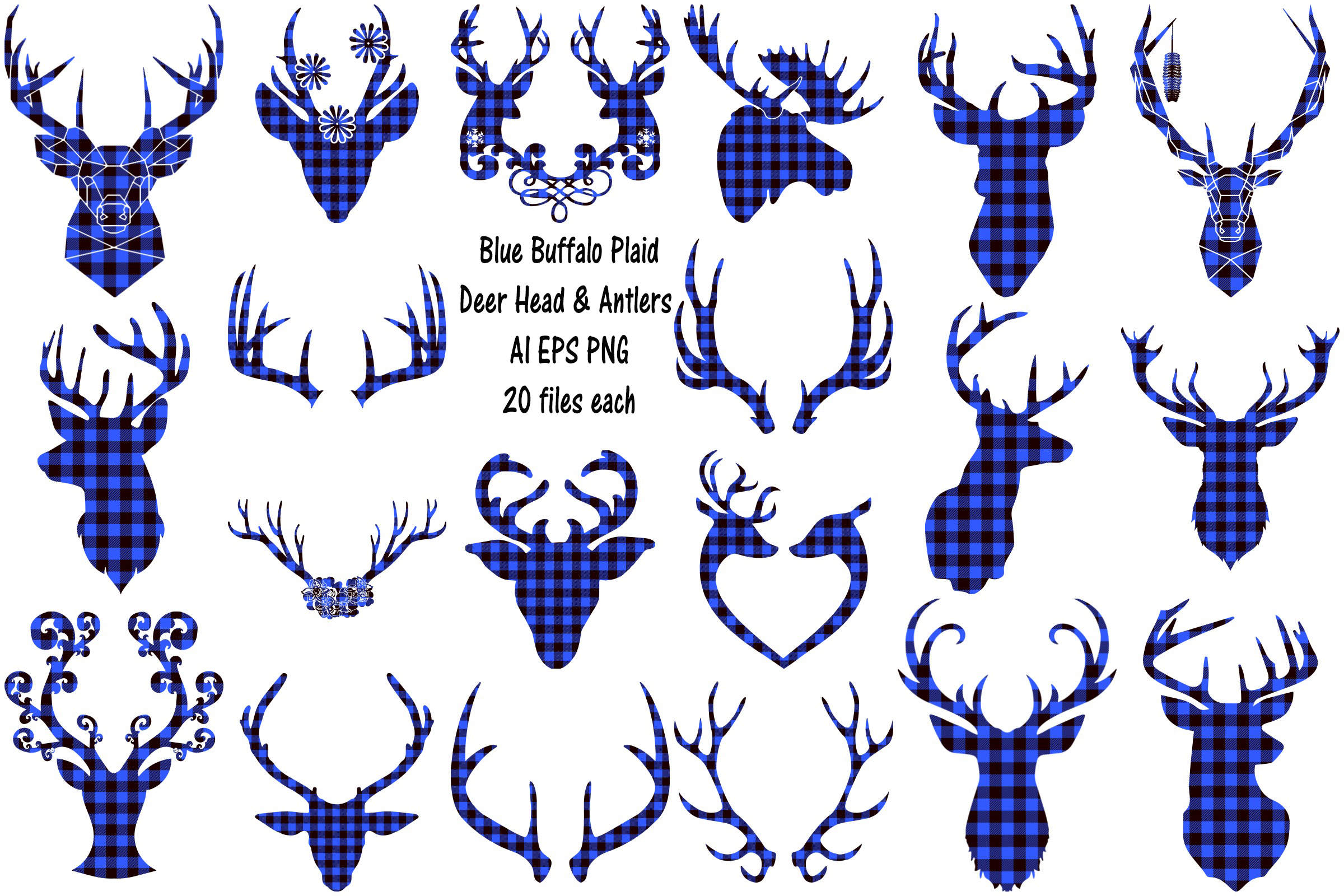 Download Blue Buffalo Plaid Deer Head and Antlers AI EPS PNG
