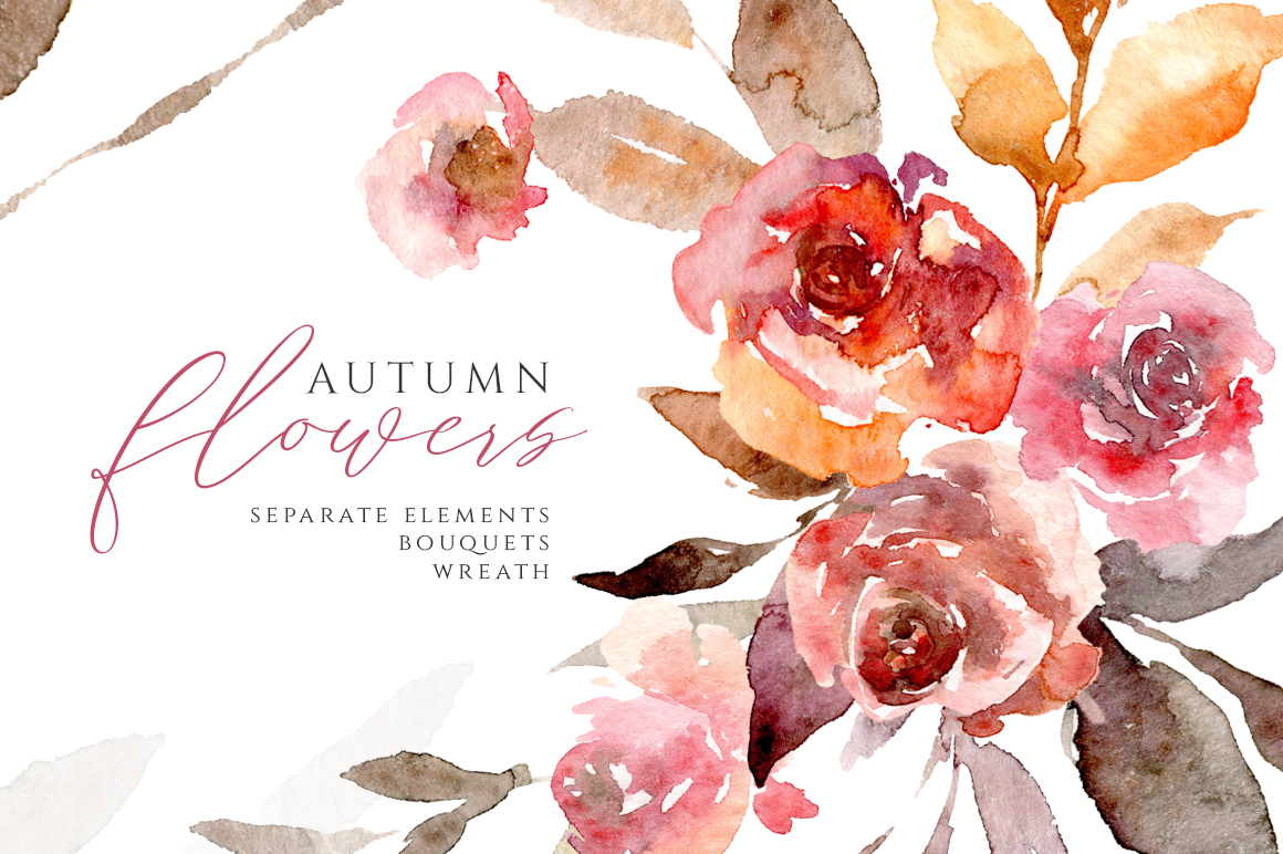 Watercolor Autumn Flowers Roses Leaves PNG 377424 Illustrations Watercolor autumn flowers roses leaves png 377424