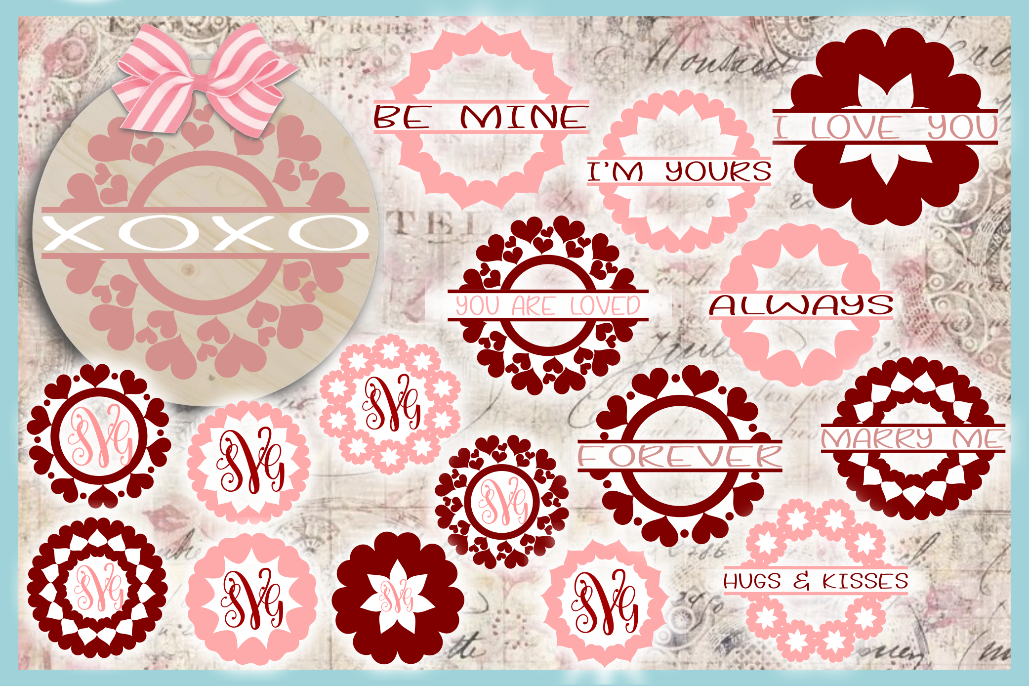 Download Valentines Day Monogram Split Frame with Quotes SVG Bundle