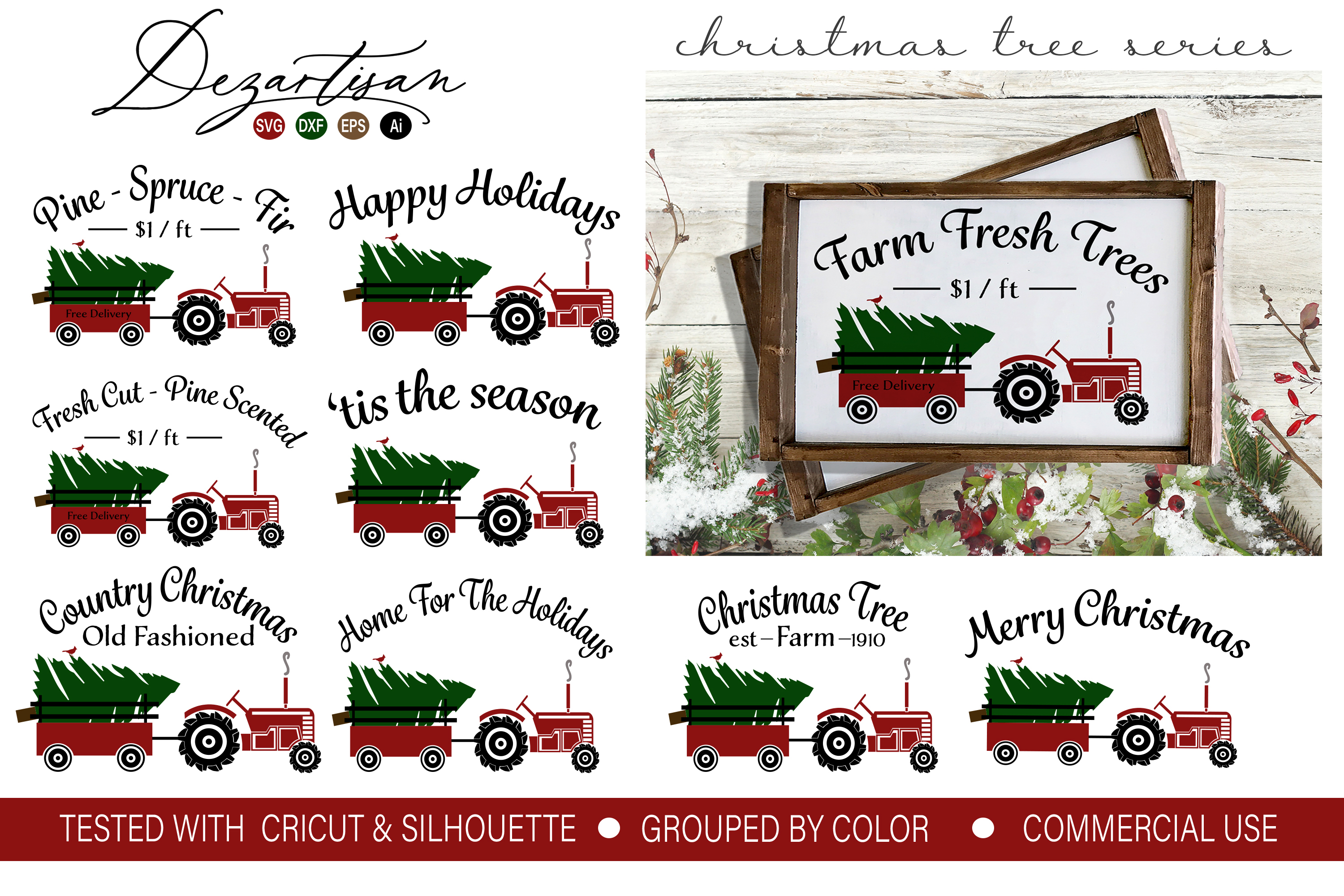 Christmas Tree Tractor Series SVG DXF PNG Cut File
