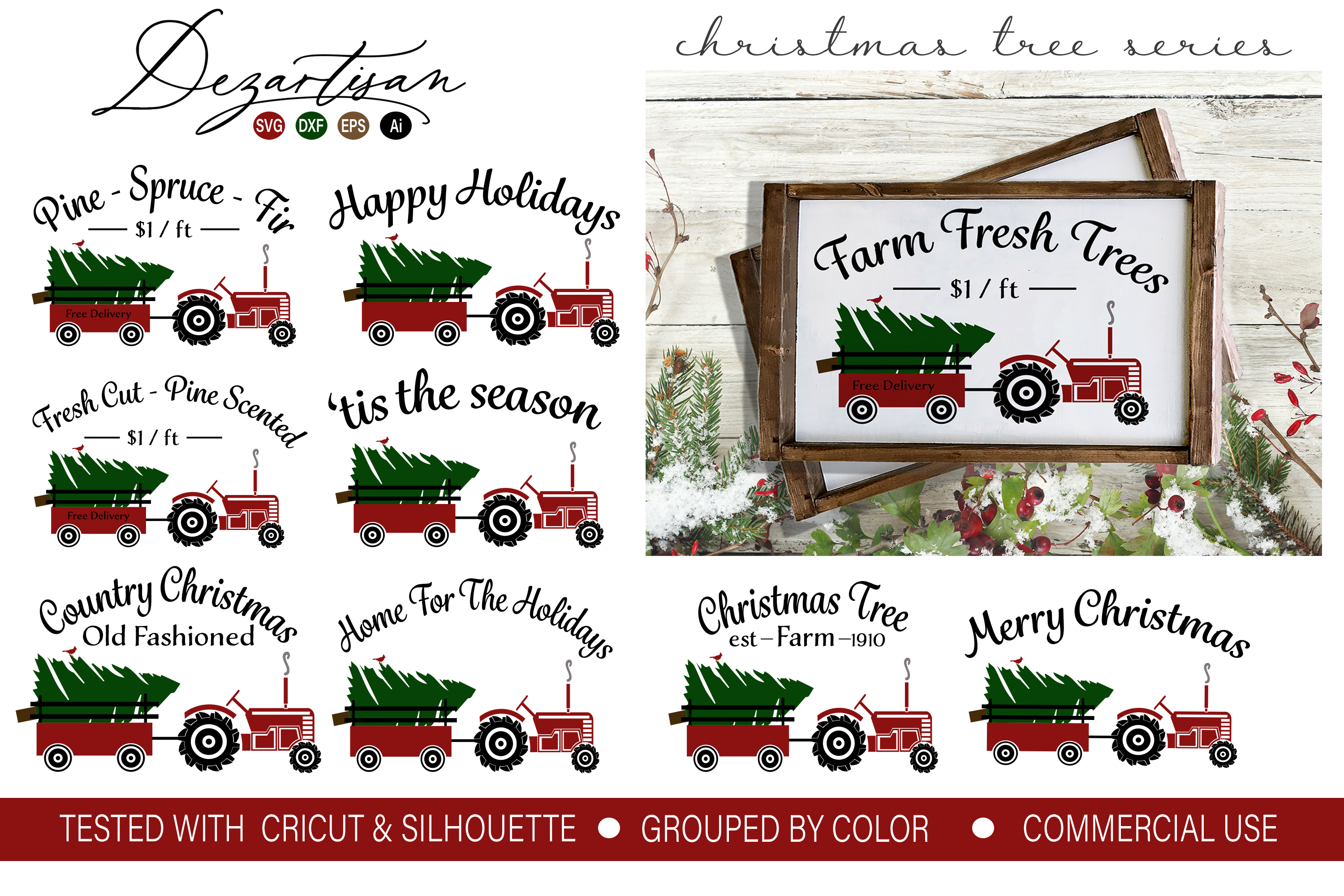 Download Christmas Tree Tractor Series SVG DXF PNG Cut File