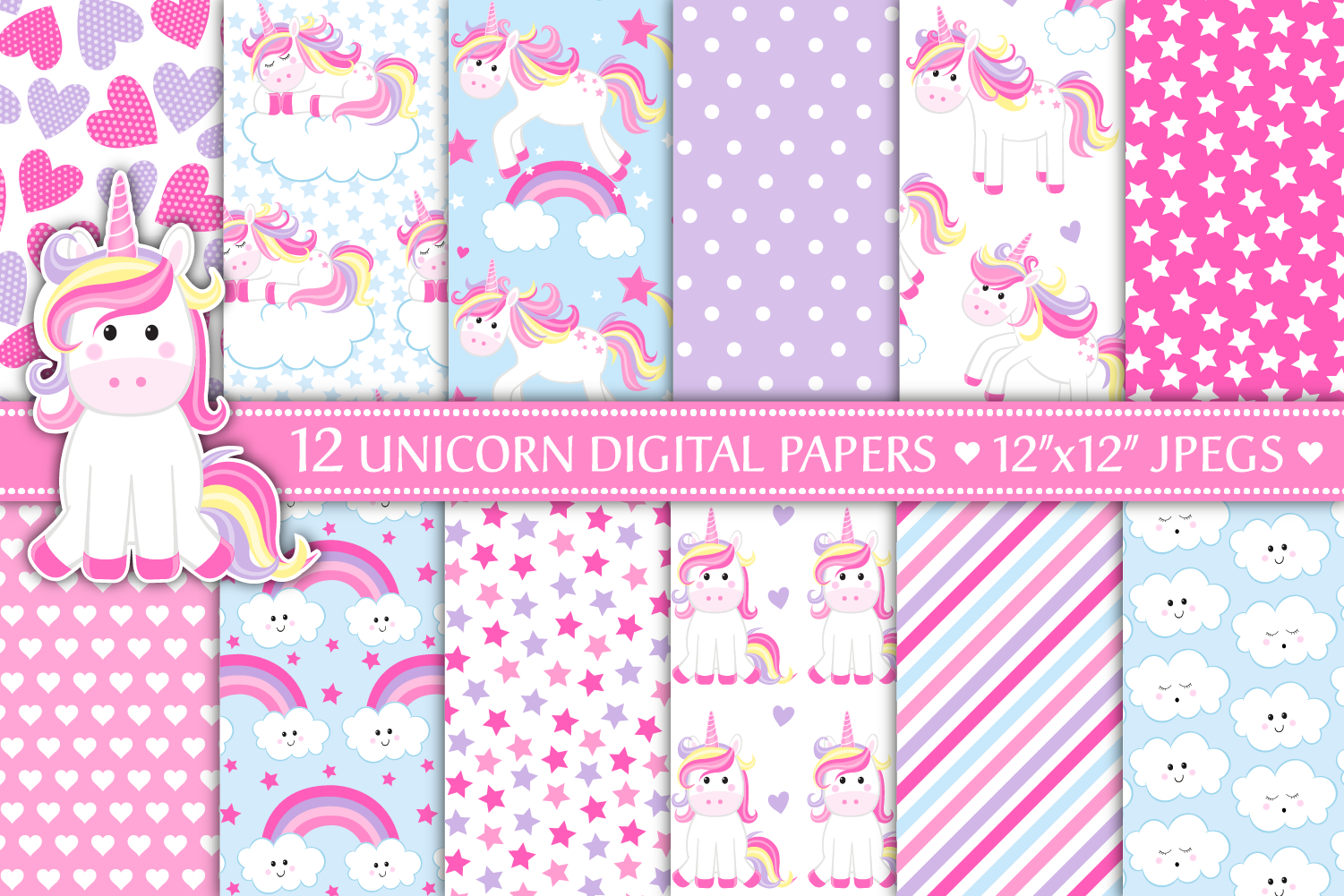 Unicorn Digital Papers, Cute Unicorn Patterns (110522) Illustrations
