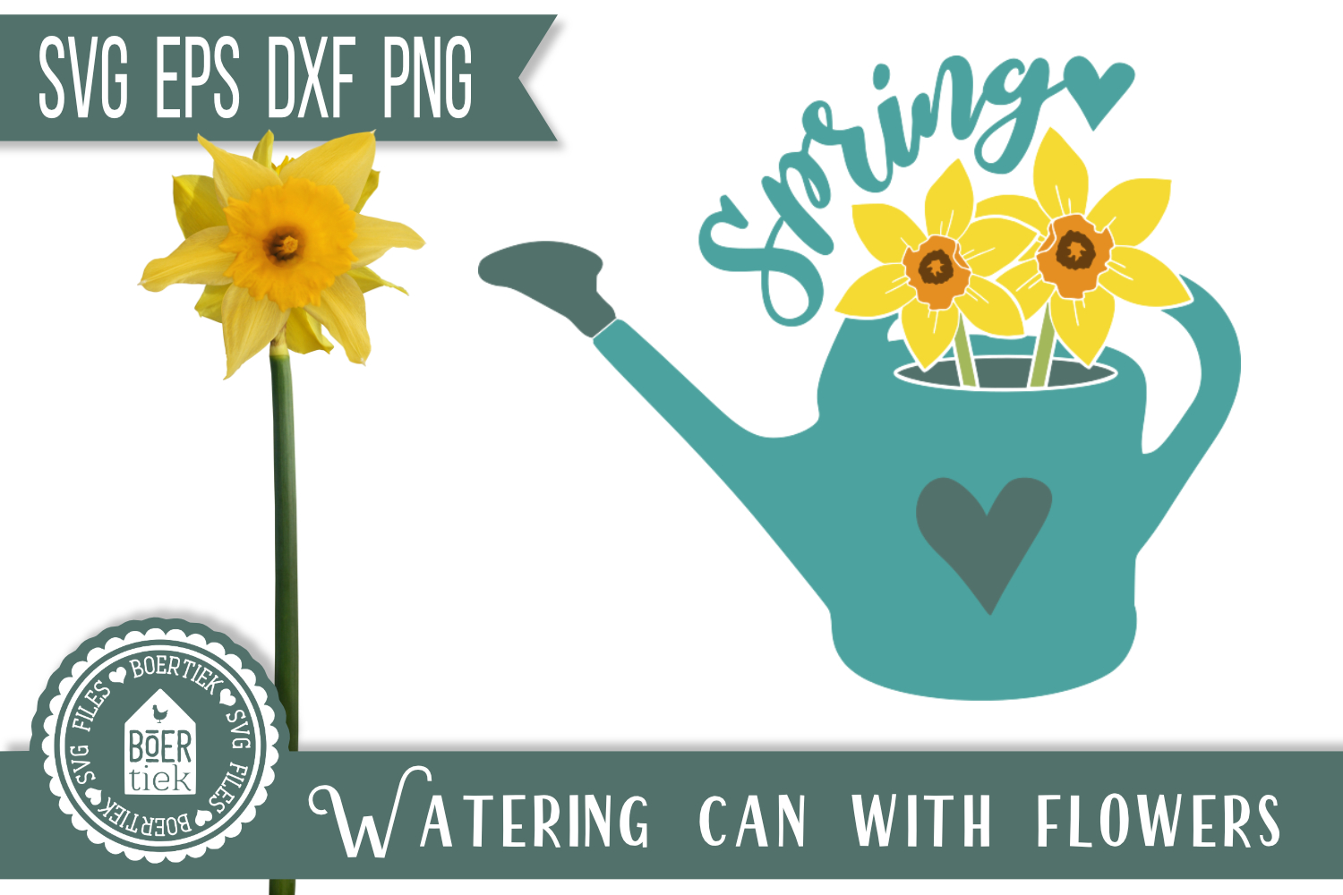 Watering can with flowers, daffodils, SVG cutting file