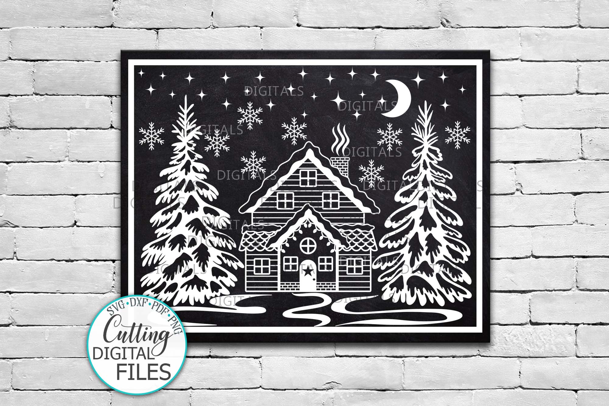 Winter Christmas House Scene Landscape with Trees svg cut