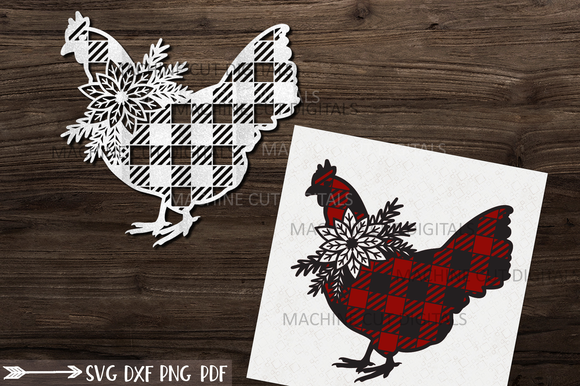 Download Floral Buffalo Plaid Christmas Chicken svg papercut template