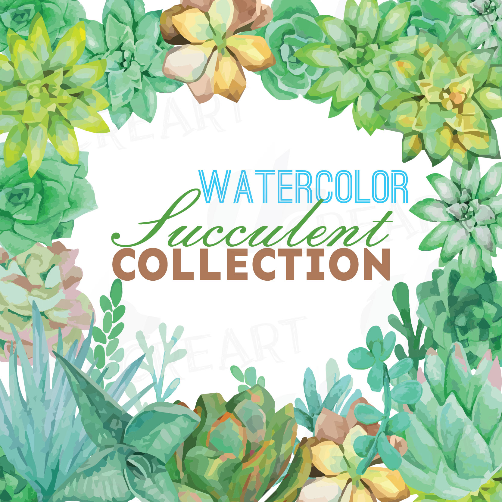 Watercolor Succulent Clip Art Pack Green Succulents Collection Gallery Wall Succulent For 7058