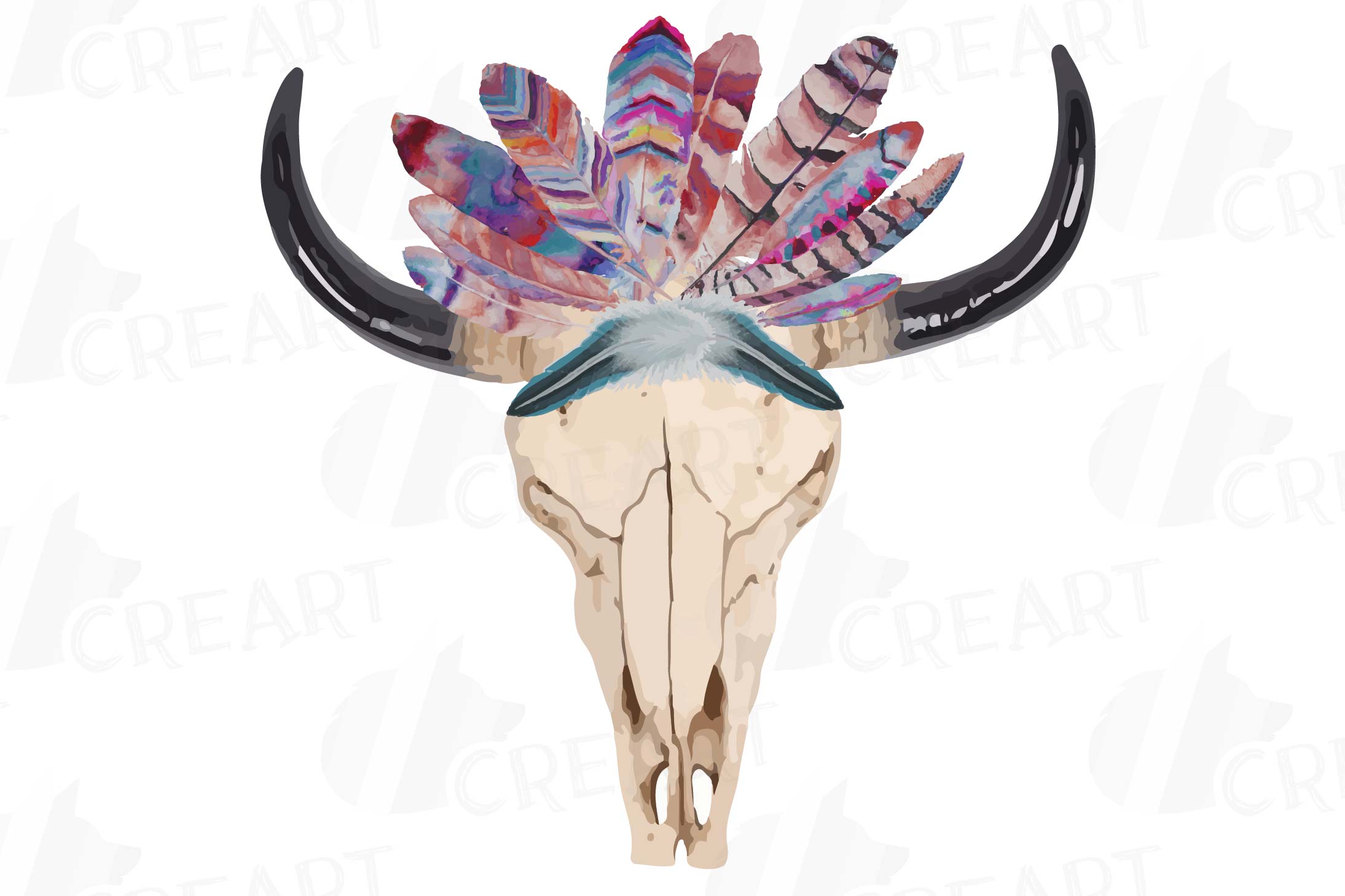 Feathers Bull Skull clipart, watercolor Indian Tribal bull