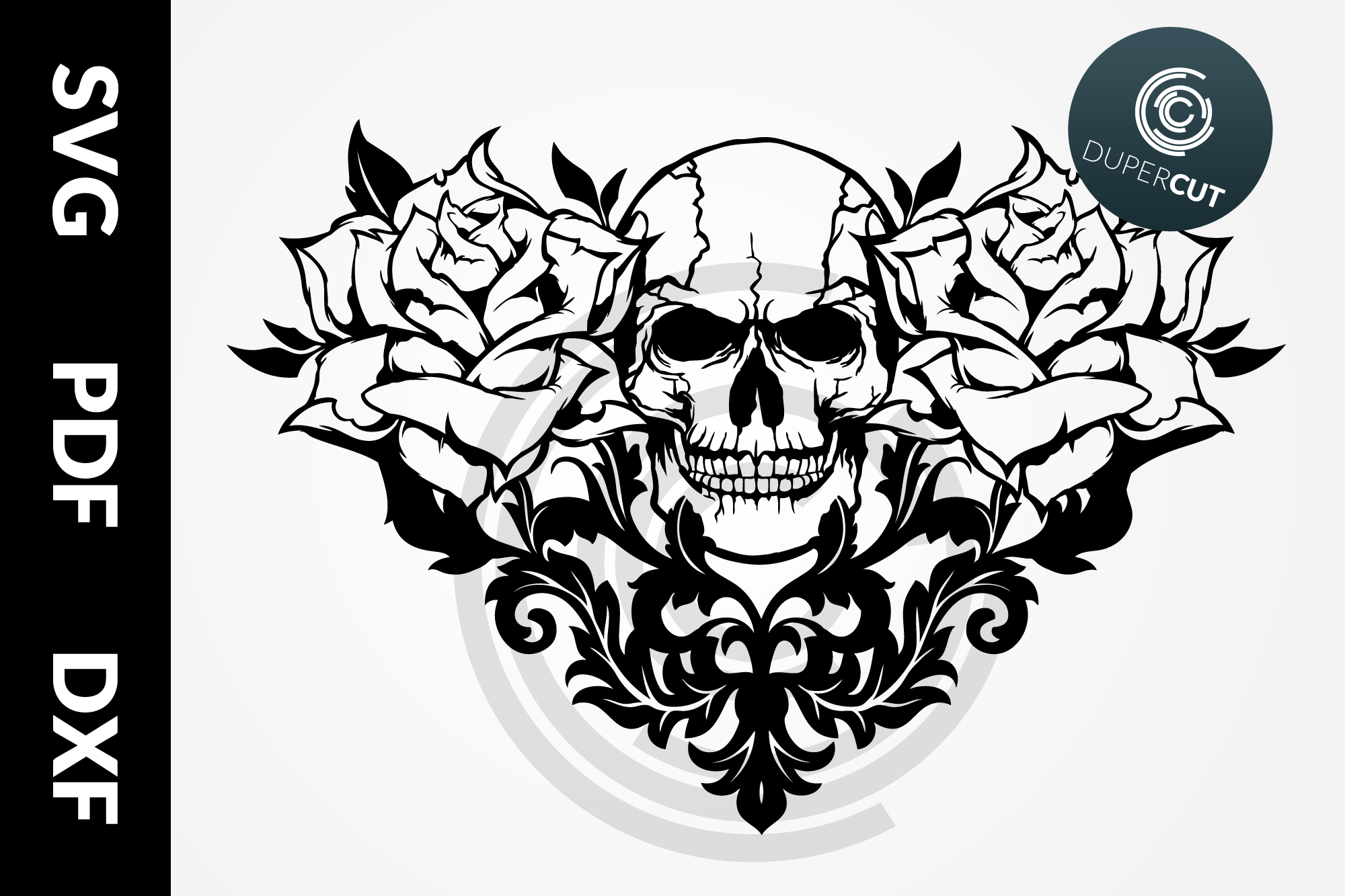 SVG / PDF / DXF Skull with Roses, Papercutting Template