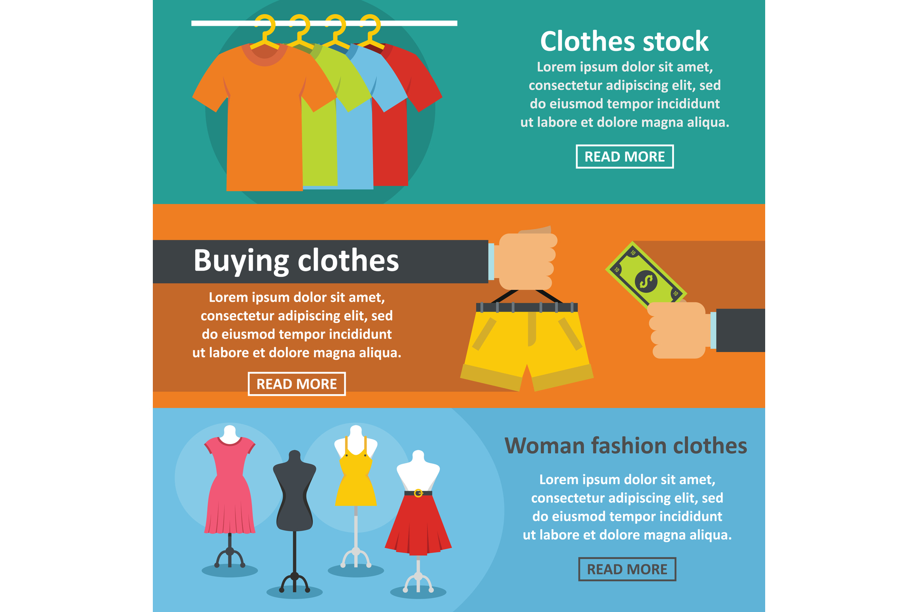 Clothes Fashion Banner Horizontal Set Flat Style Design Bundles
