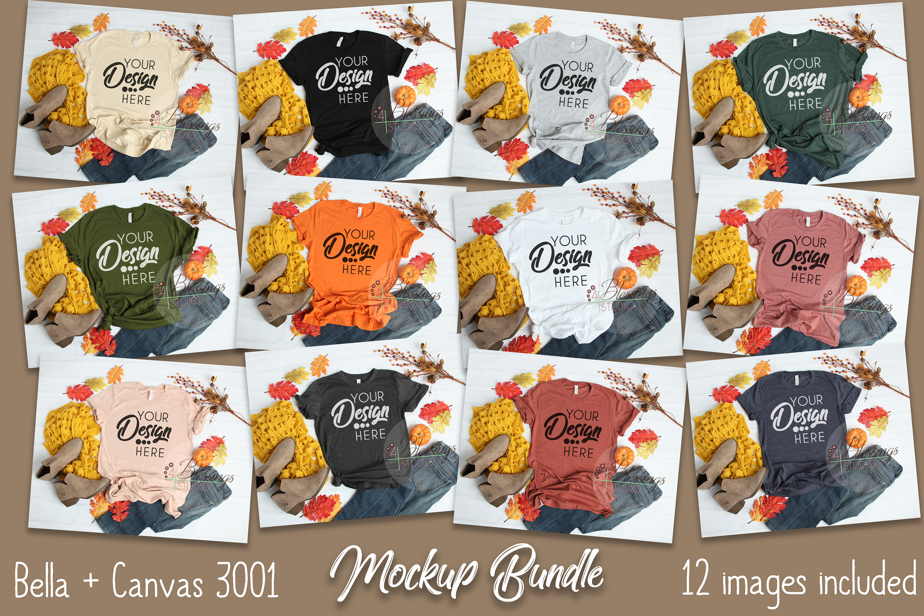 Download Fall Bella Canvas Mockup Bundle T Shirt Flat Lay 12 Images (132849) | Mock Ups | Design Bundles
