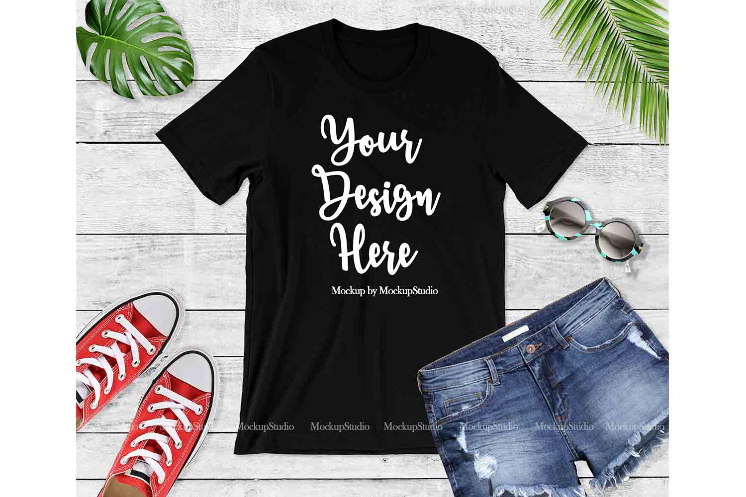 Black Bella Canvas 3001 Women Youth T-Shirt Mock Up Flat Lay (140414) | Mock Ups | Design Bundles