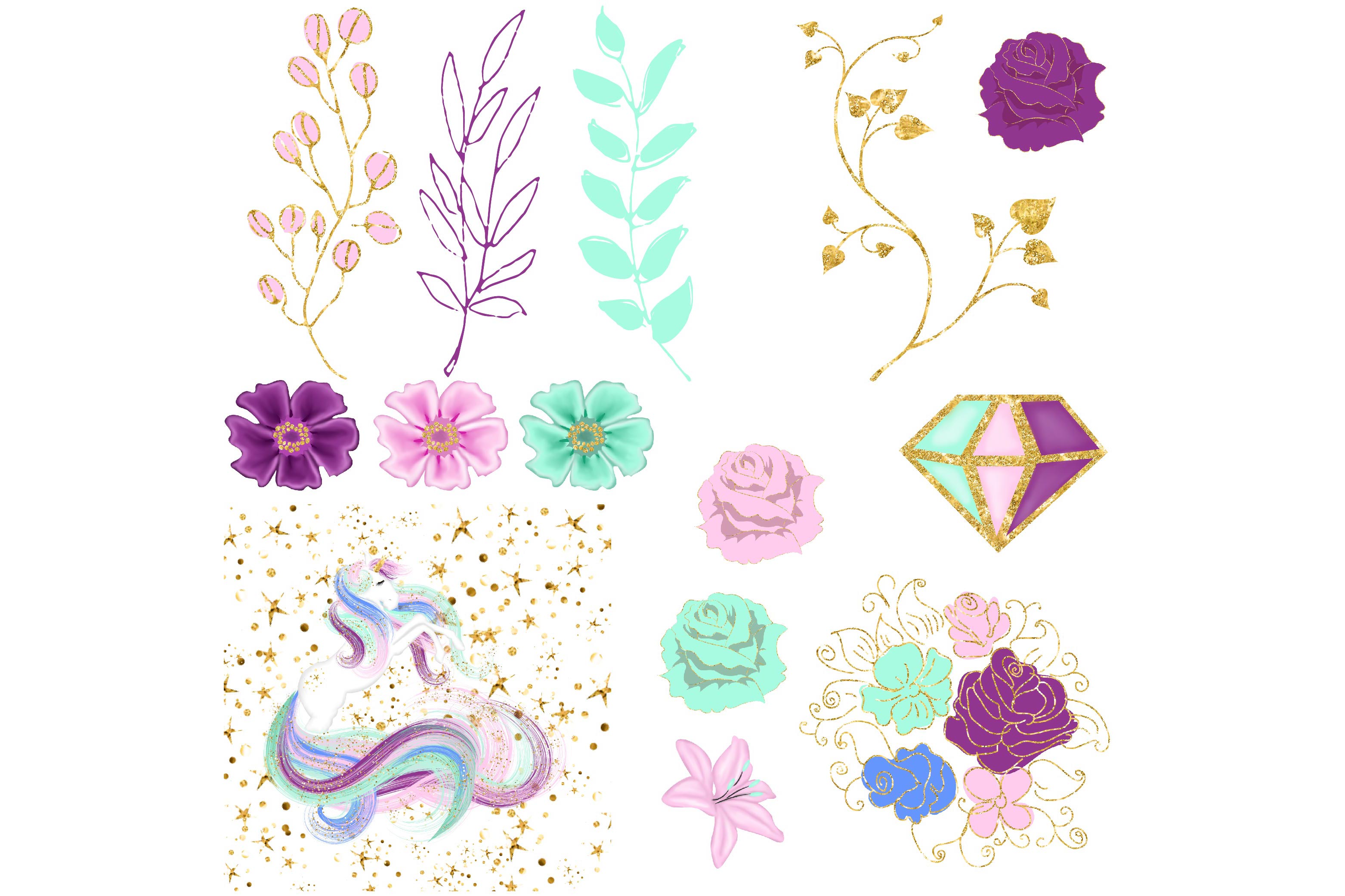 Gold Glitter Unicorn Clipart (49133) | Illustrations ...