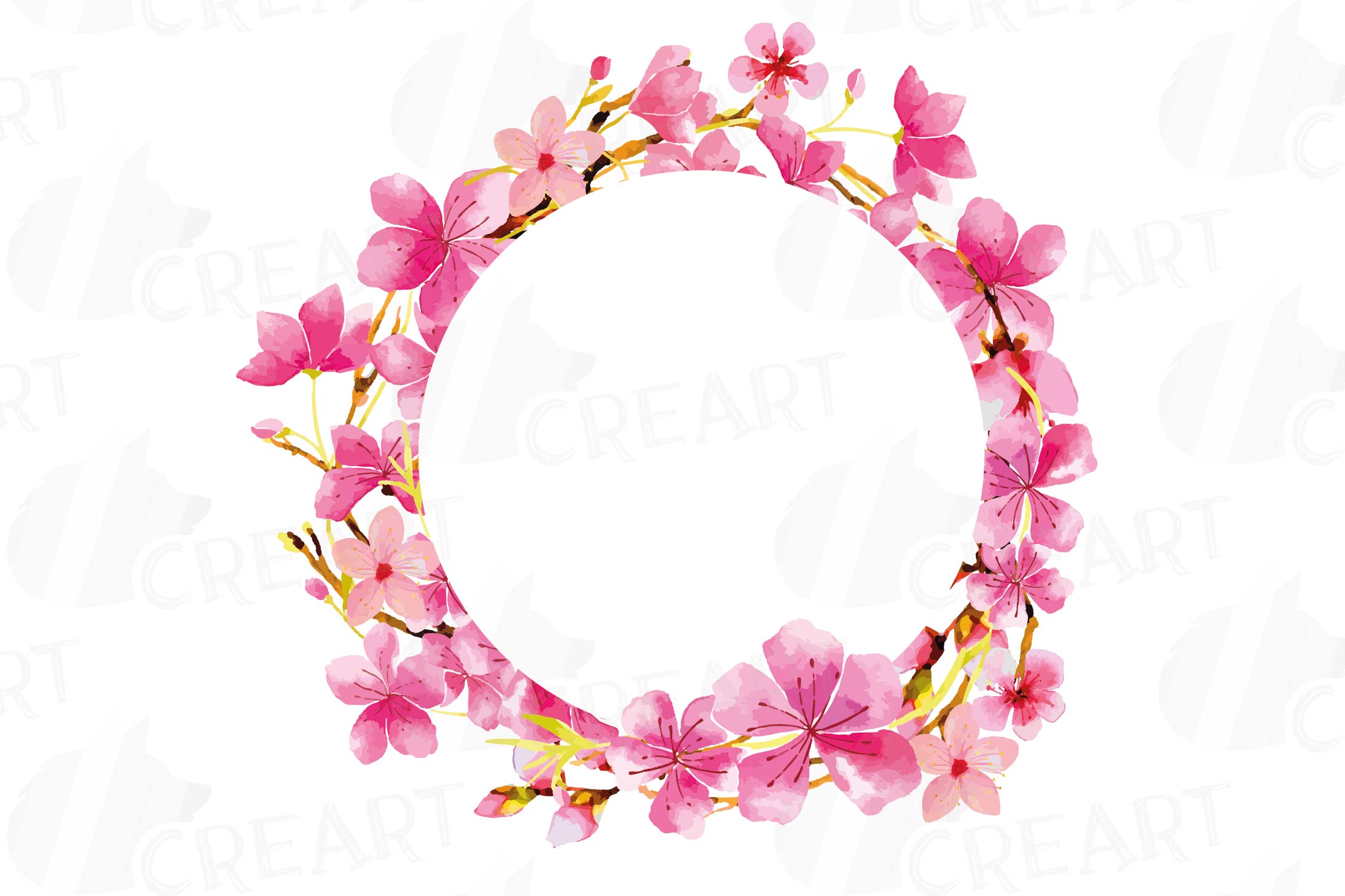 Watercolor Cherry Blossom Wreath clip art. watercolor flower