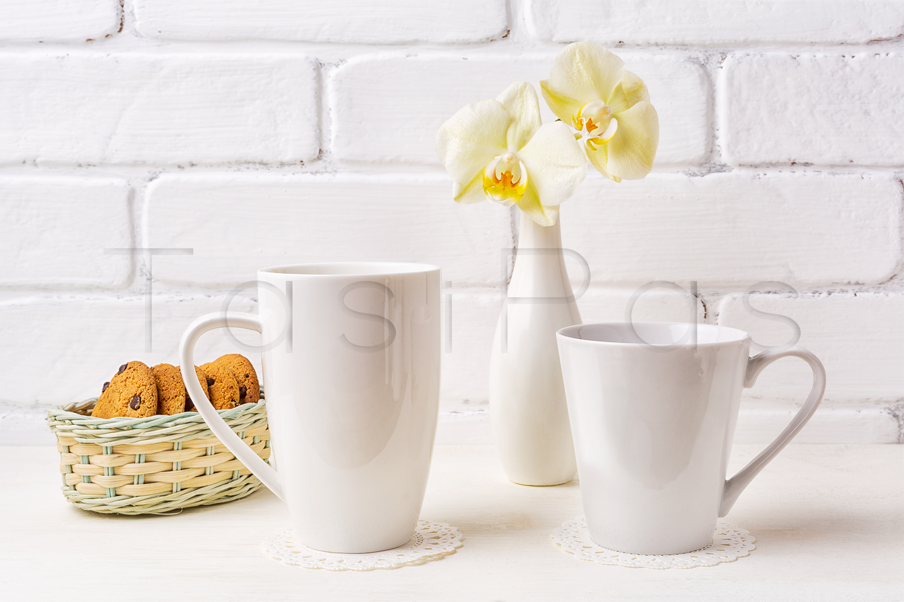 Download Two white coffee latte and cappuccino mug mockup with soft ...