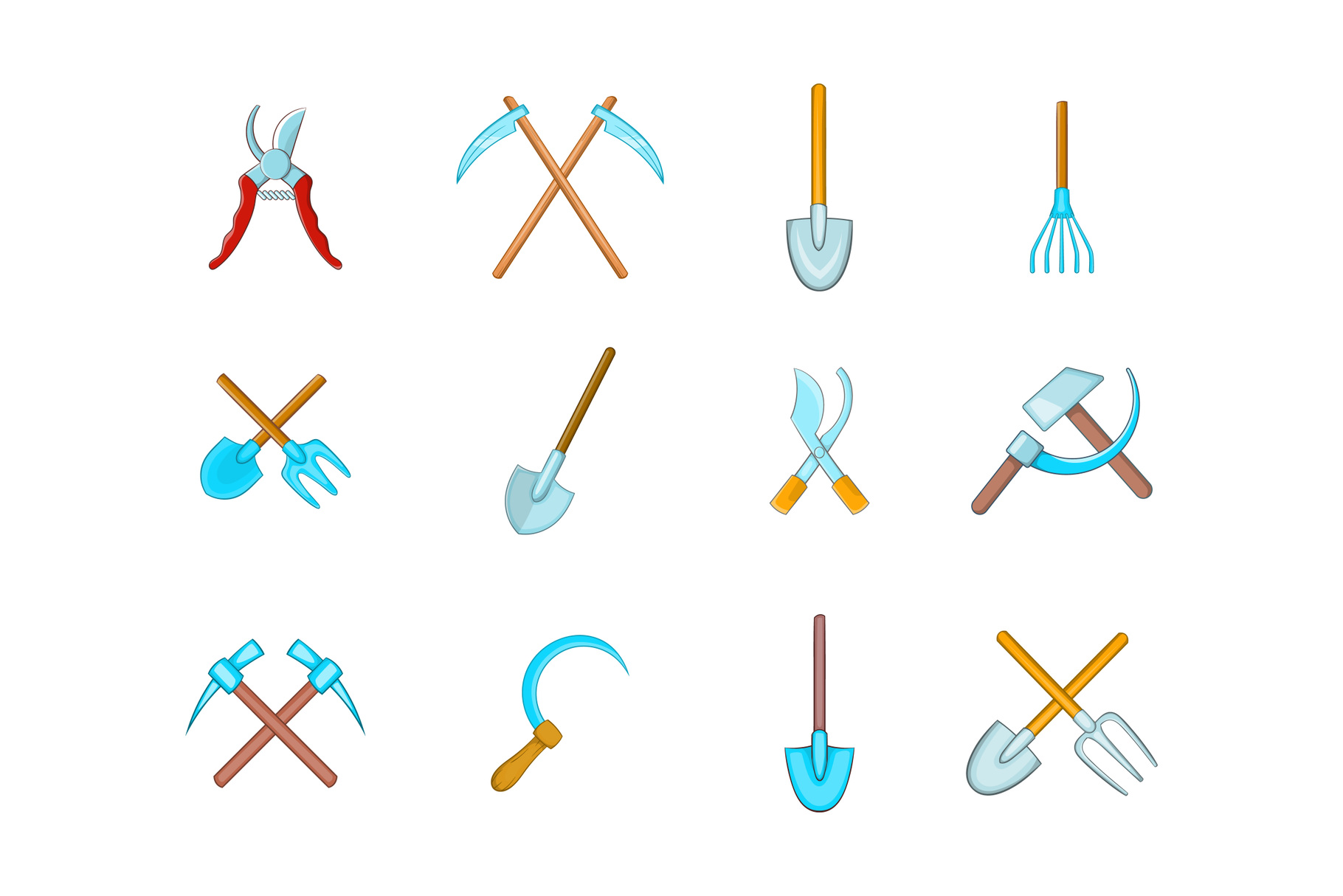 Farm tools icon set, cartoon style