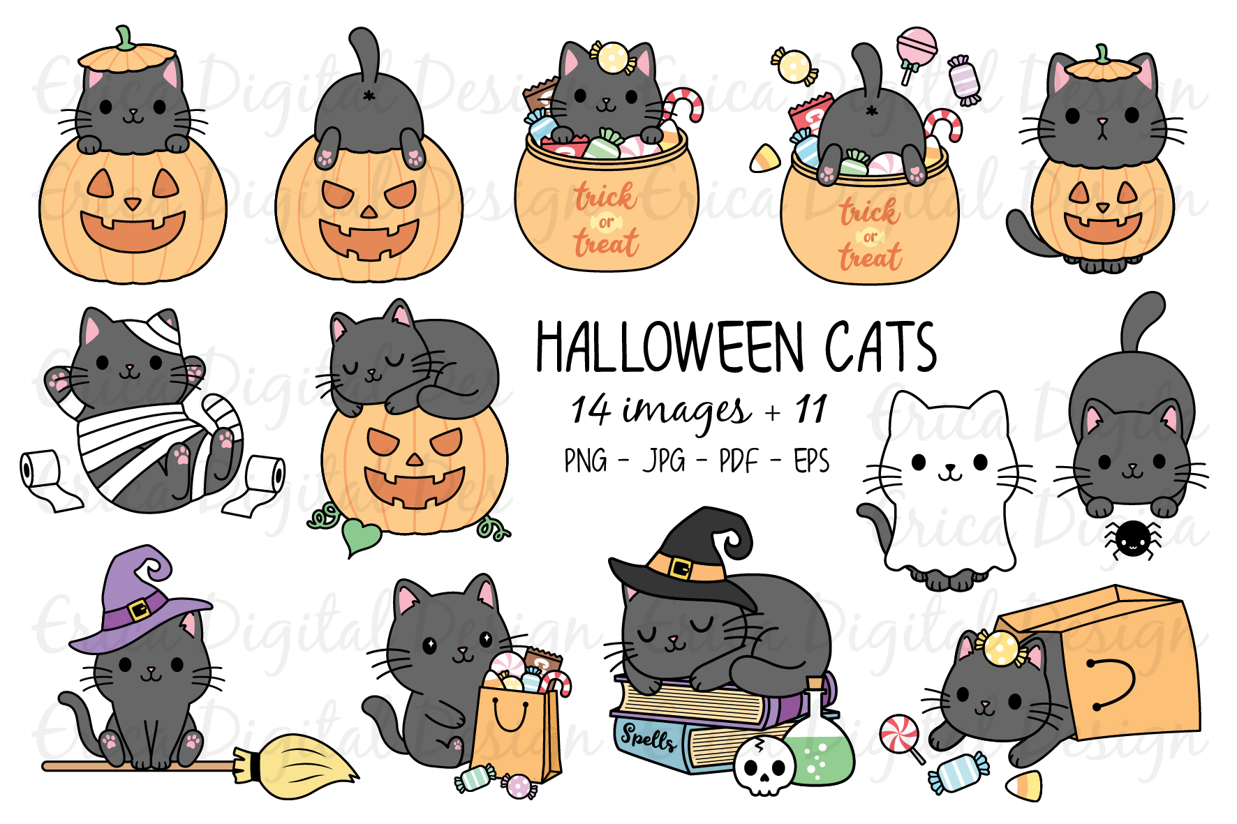 Download Halloween Cats Clipart set - 25 Cat images - Kawaii ...