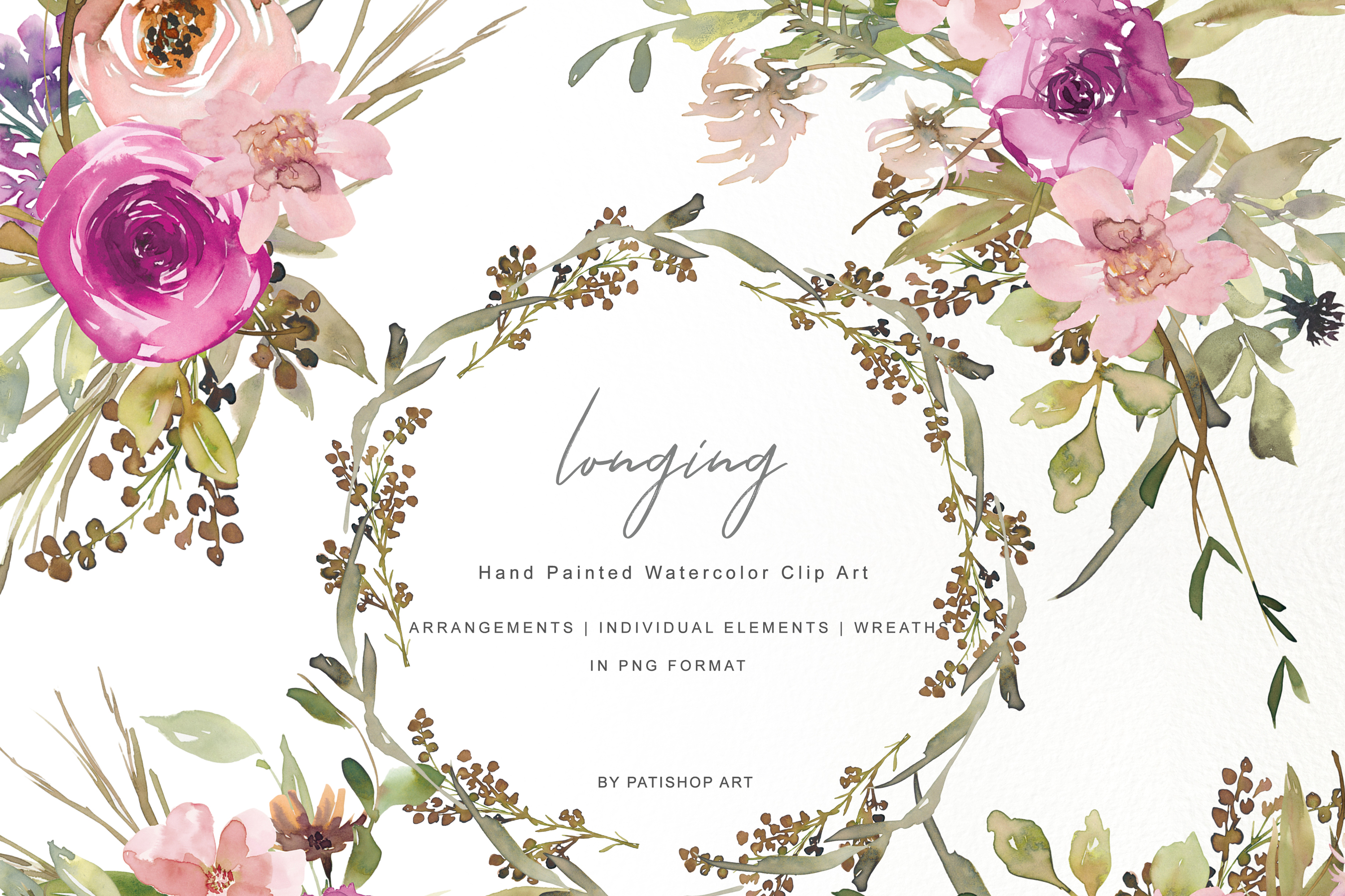 Watercolor Dusty Pink And Purple Flowers Clipart Set