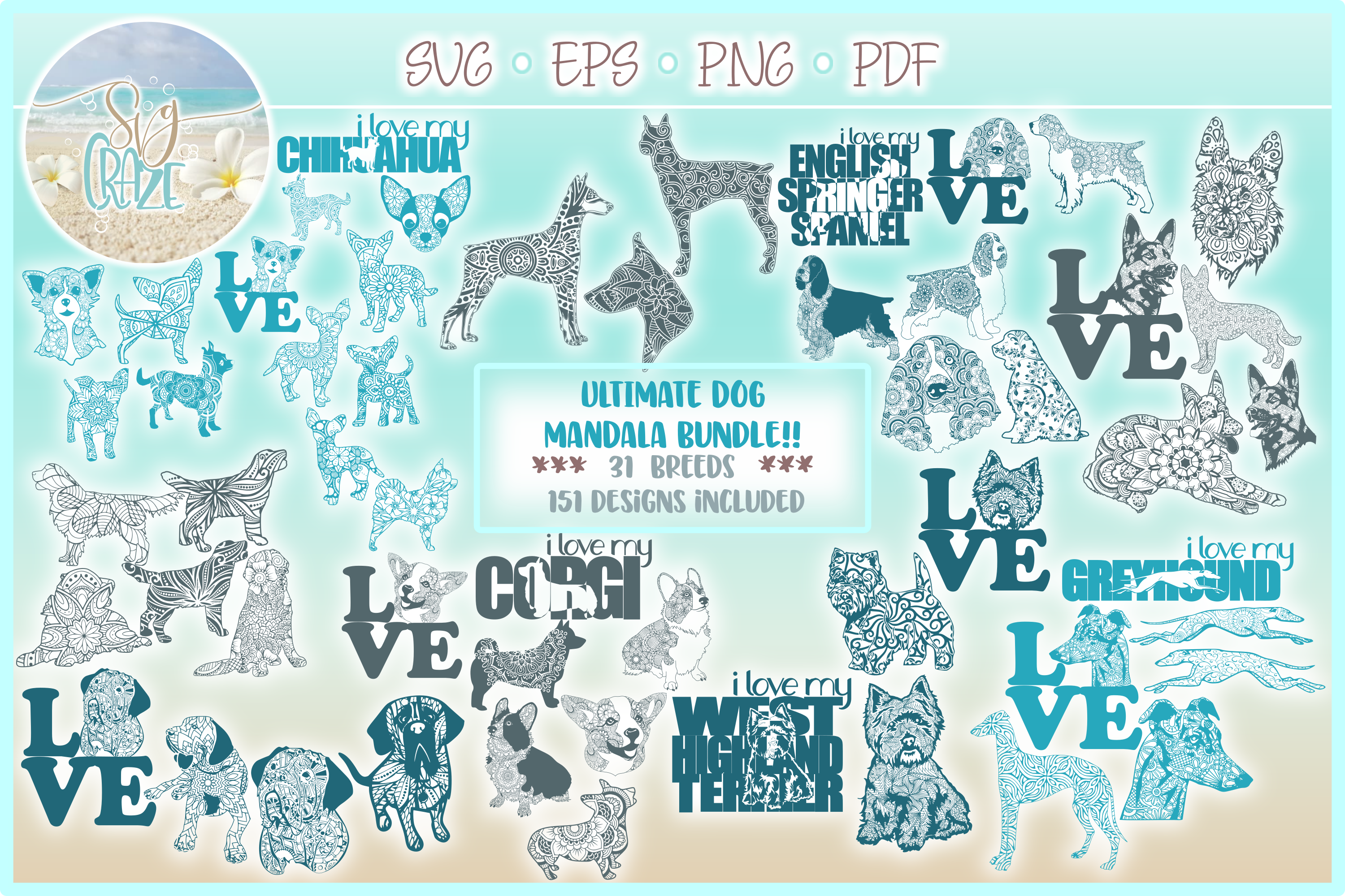 Download 151 Dog Mandalas! Ultimate Dog Mandala Zentangle Svg Dxf Eps