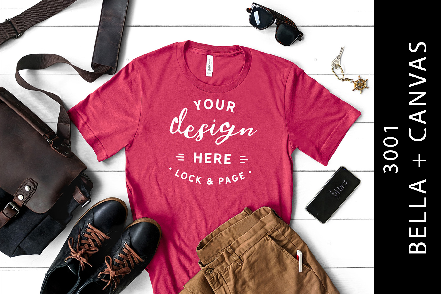 Download Men's Berry Bella Canvas 3001 T-Shirt Mockup Male Flat Lay