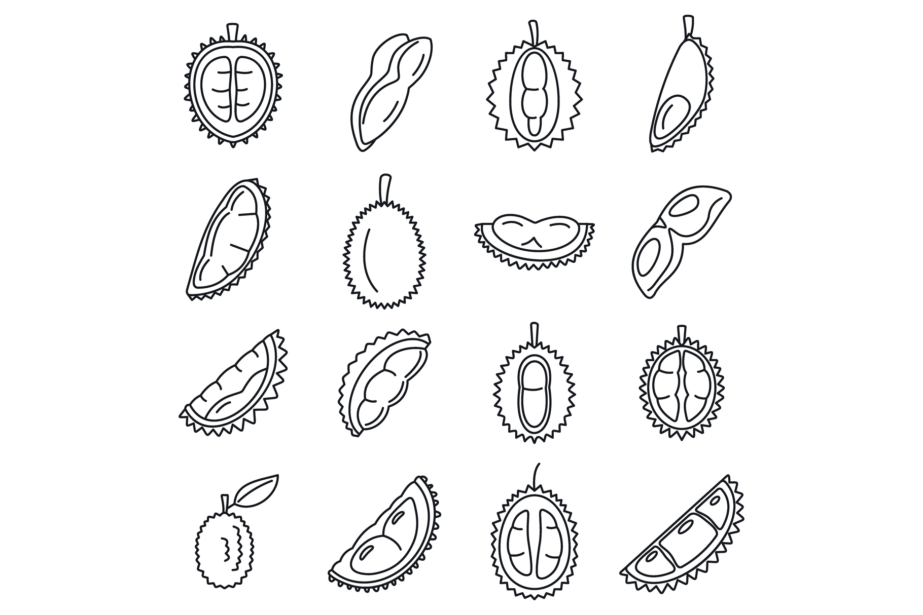 Durian Fruit Icons Set Outline Style