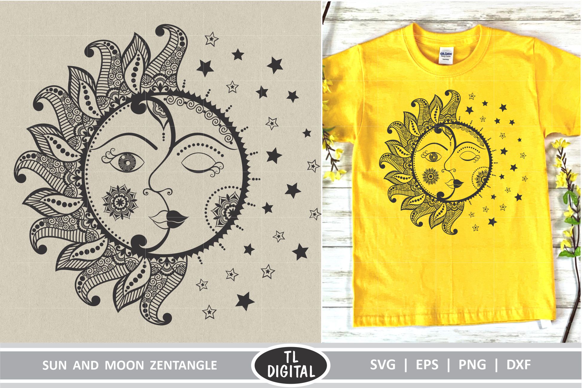 Sun and Moon Zentangle - Mandala SVG | EPS | PNG | DXF