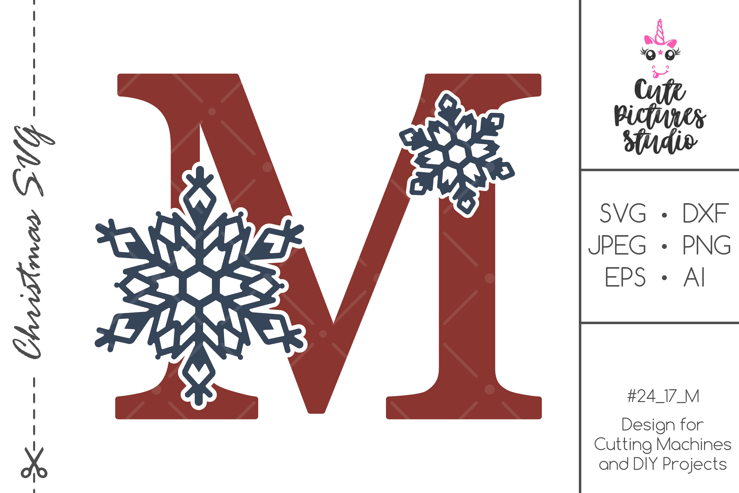 Christmas monogram svg. Snowflake letter 'M' SVG, DXF, PNG