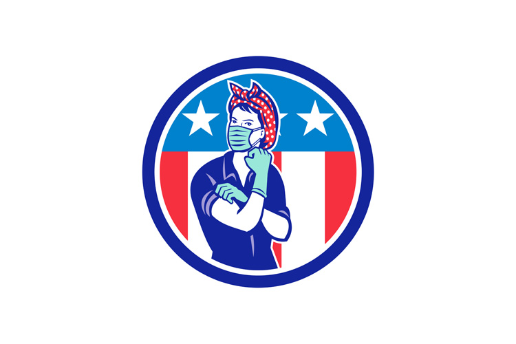 Rosie The Riveter Wearing Mask USA Flag Mascot