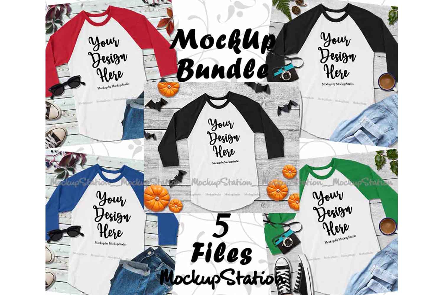 Download Raglan Mockup Bundle, 5 Baseball Tee Shirt Image Collection (144194) | Mock Ups | Design Bundles