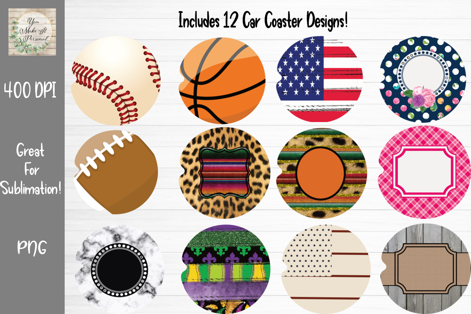 Download Sublimation Car Coaster Bundle, Includes 12 Designs