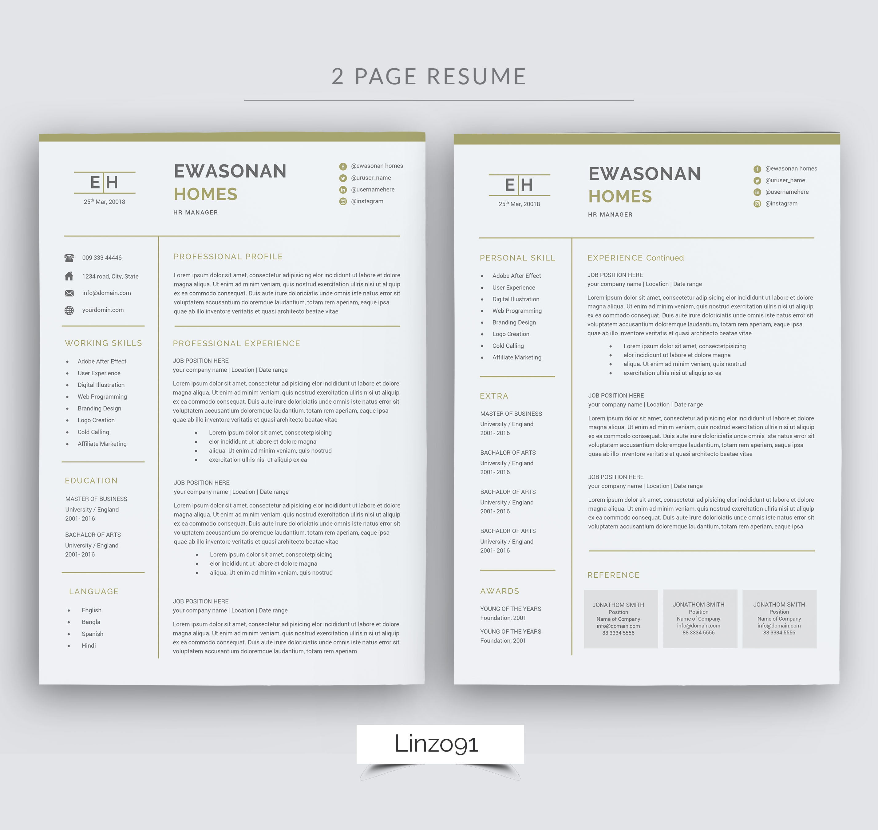 Minimal resume 3 pages / CV template for word / Two page Resume+ Cover