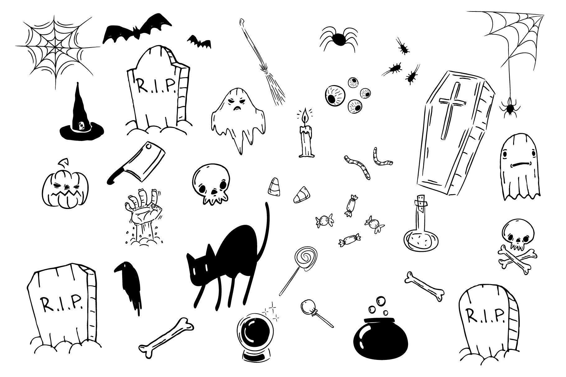 Halloween doodle icon set. Ghosts, black cat, bats, eyes. (316031 ...