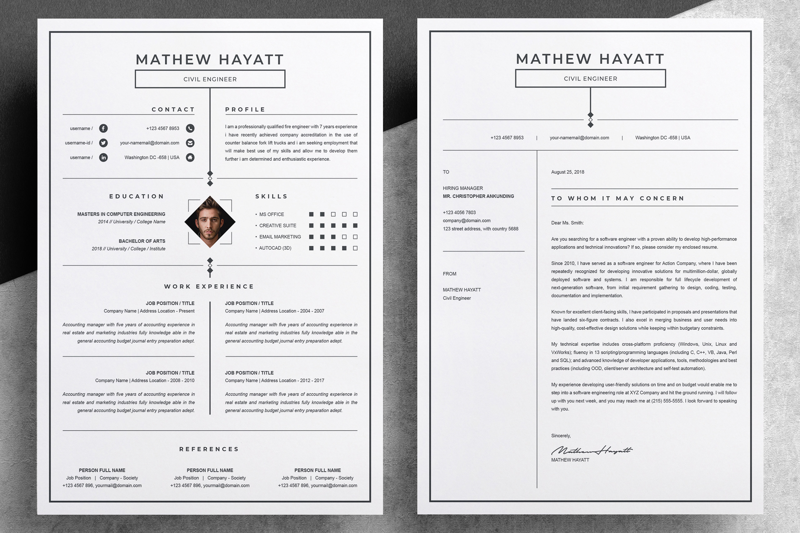 One Page Resume Template with Cover Letter MS Word Format