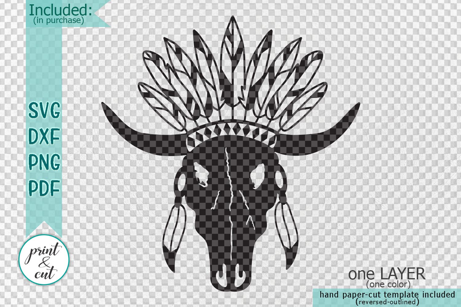 Download Bull Cow skull with feathers boho style cutting template ...