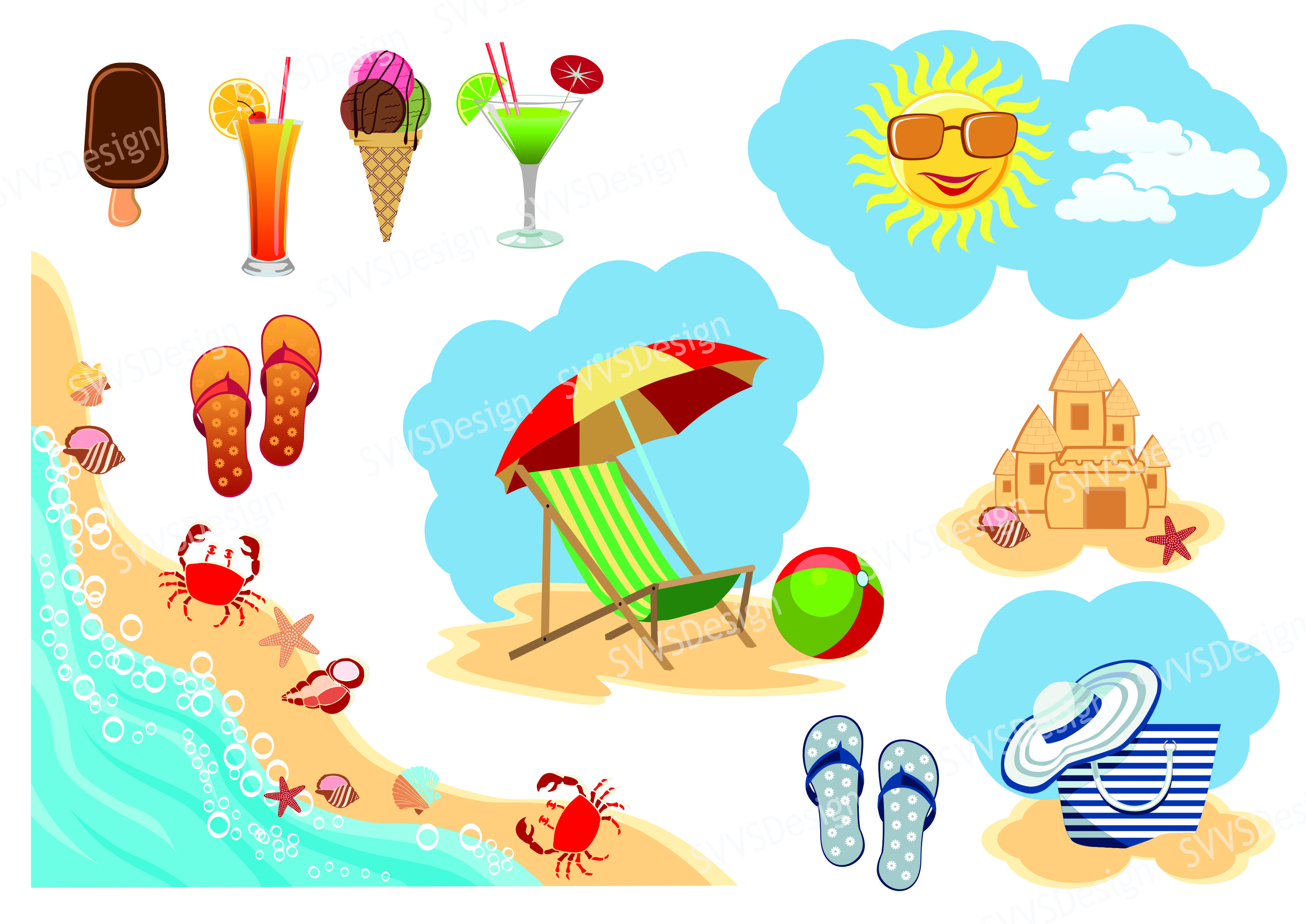 Download Summer Beach, Clipart, Vector, SVG, PNG . (vr) (72169) | Illustrations | Design Bundles
