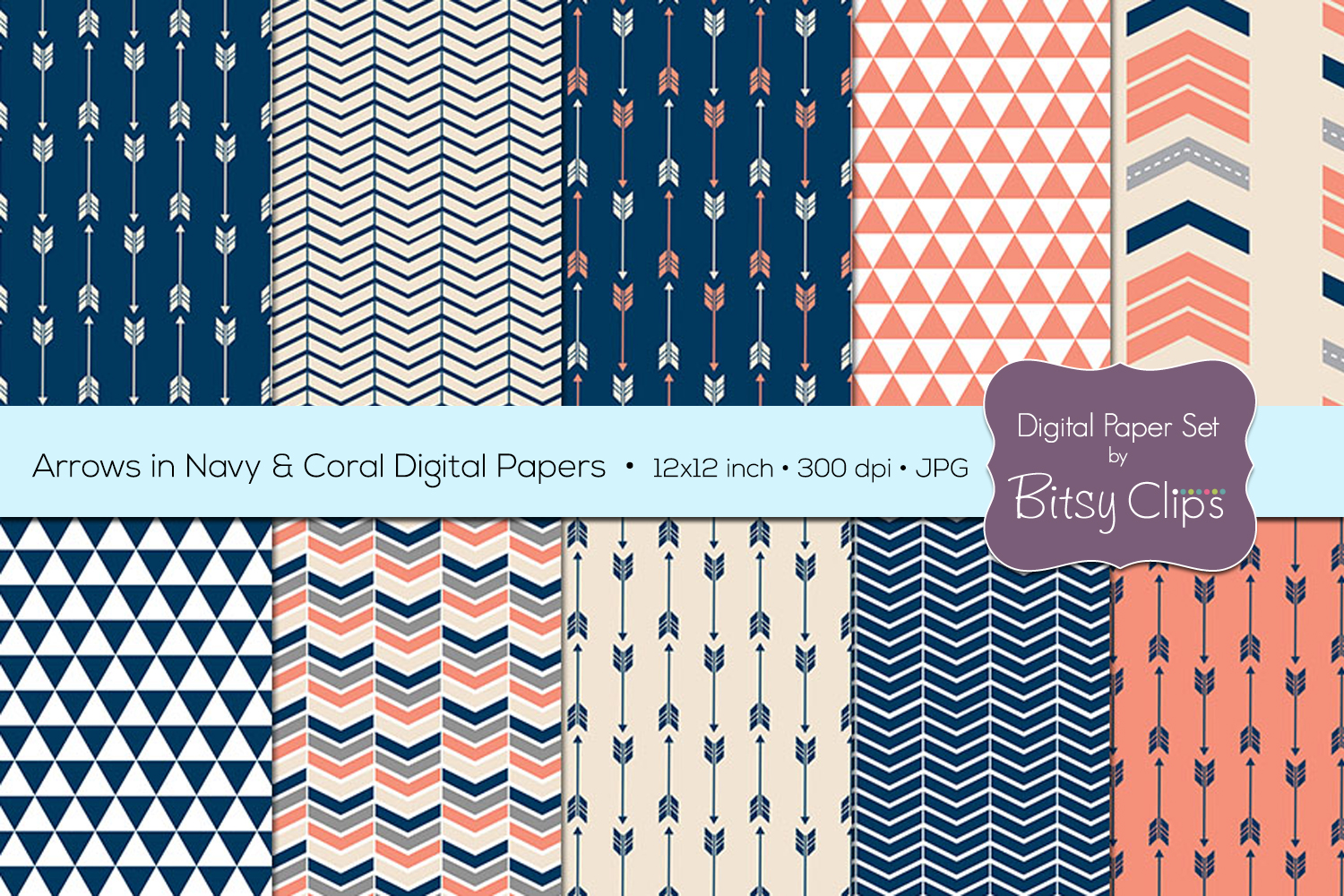 Arrows in Navy and Coral Digital Paper Set Scrapbook Paper ...