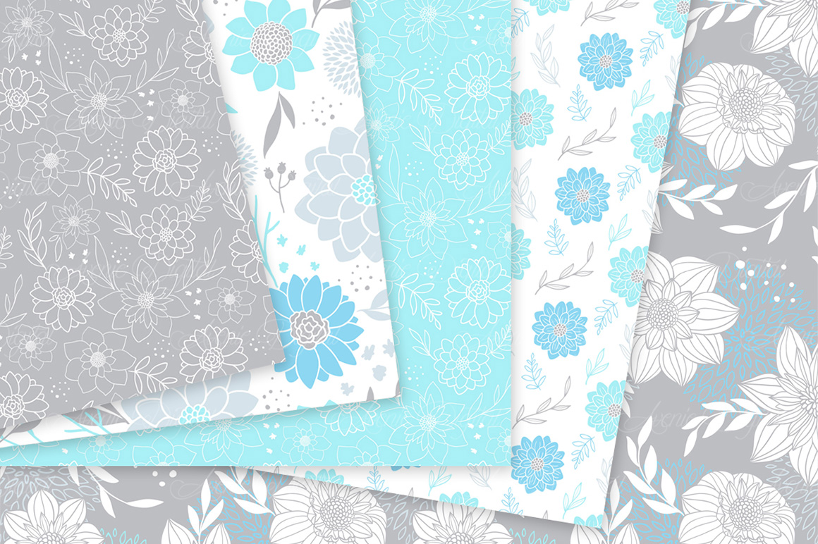 Blue and Gray Floral Vector Patterns - Light Blue Flower Seamless ...