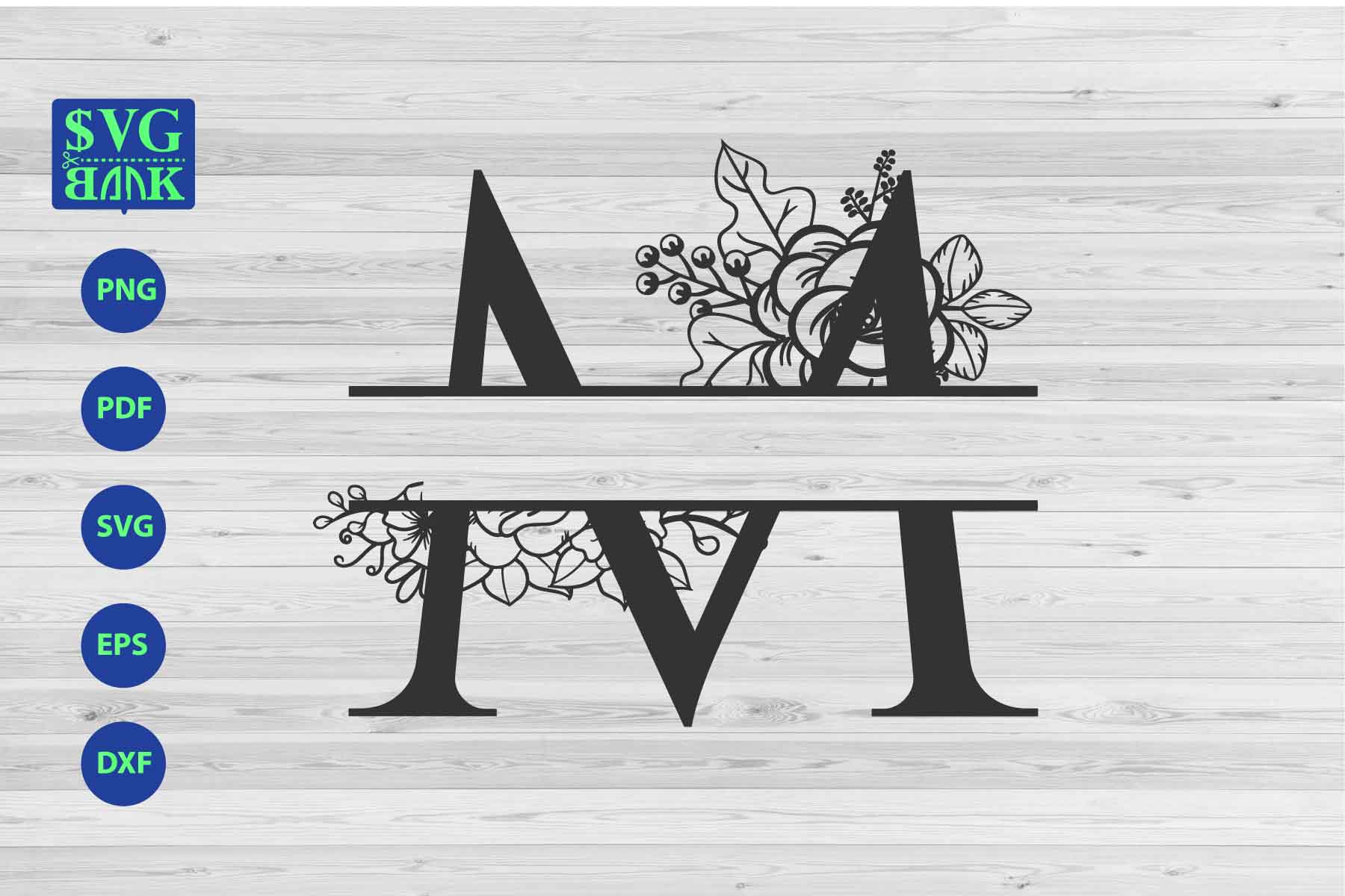 Split monogram letter M Svg, Alphabet floral initial logo M