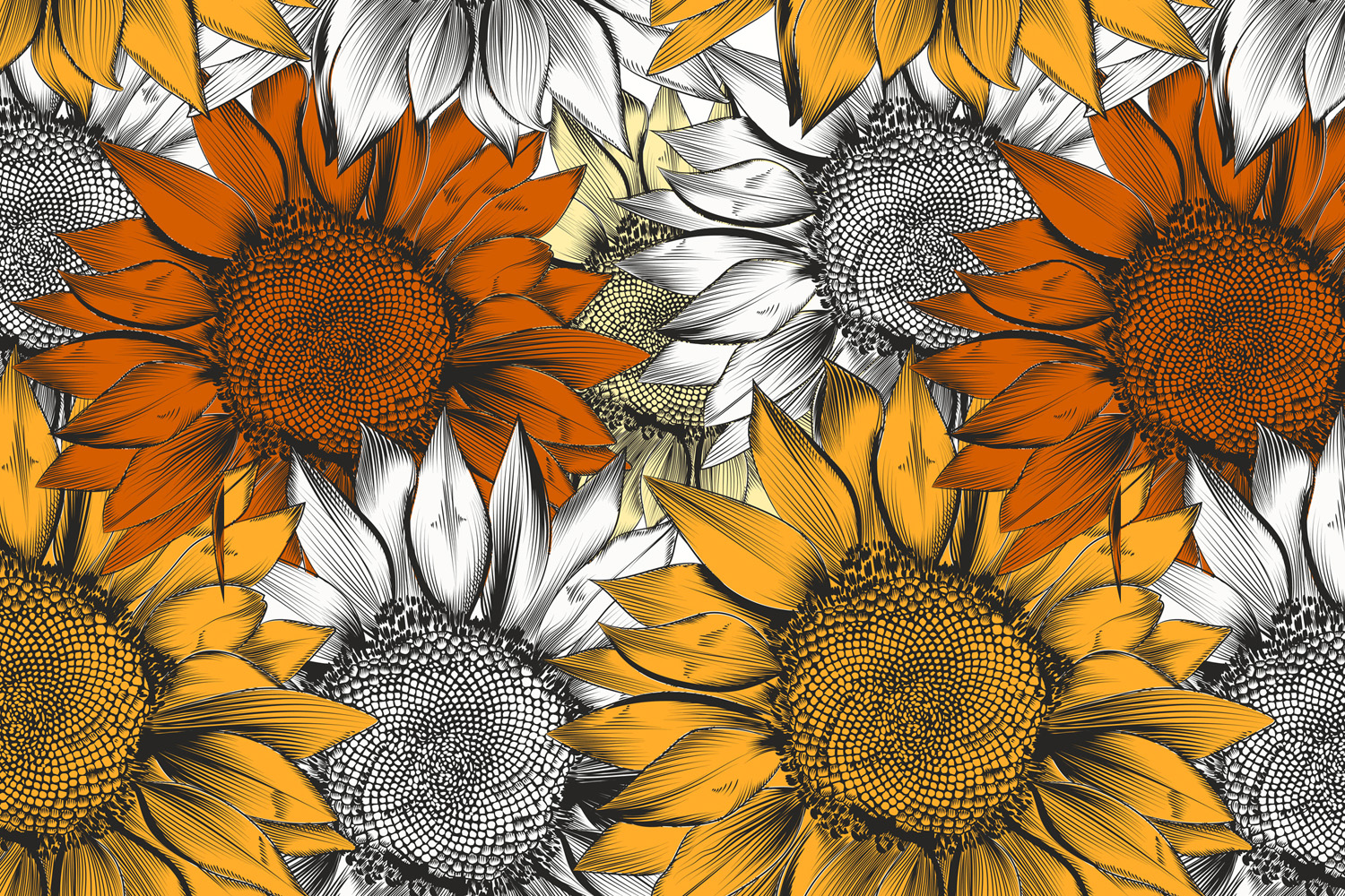 Beautiful vector pattern from hand drawn sunflowers