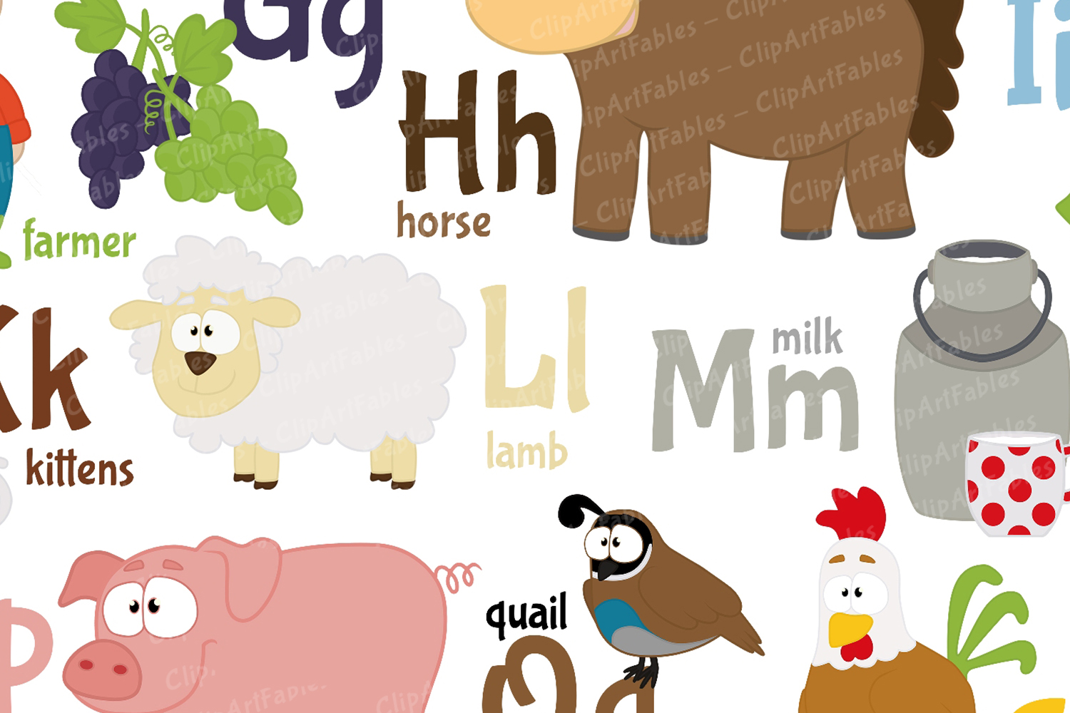 Cute english FARM alphabet, Barnyard ABC - colorful wall ar