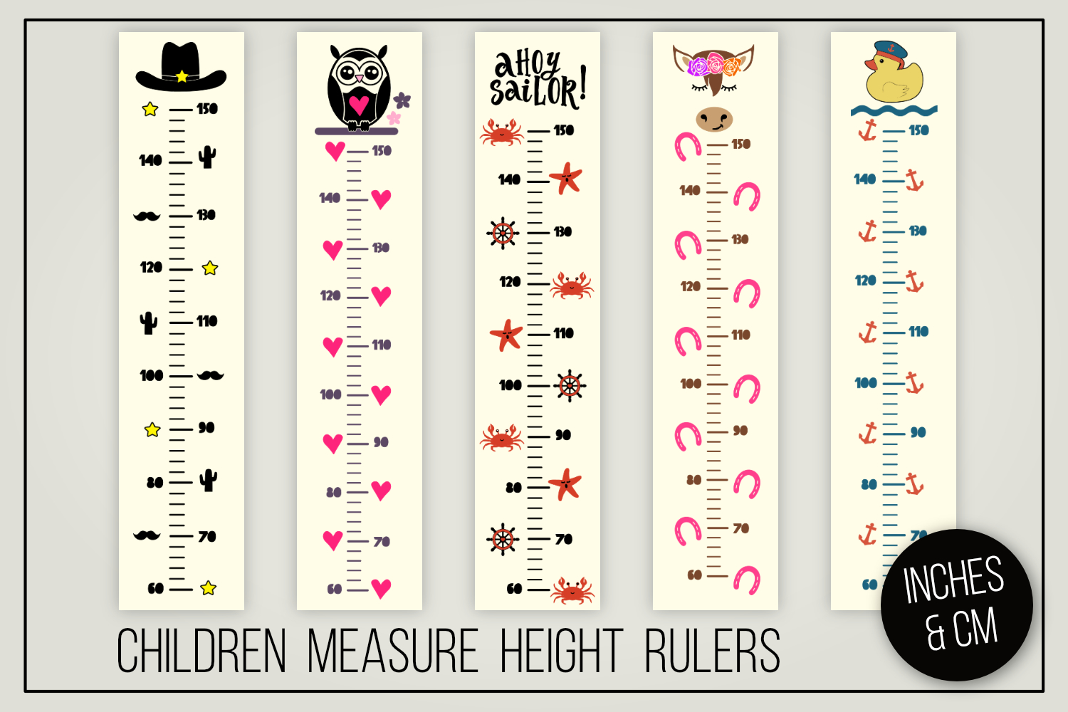 Children measure height rulers