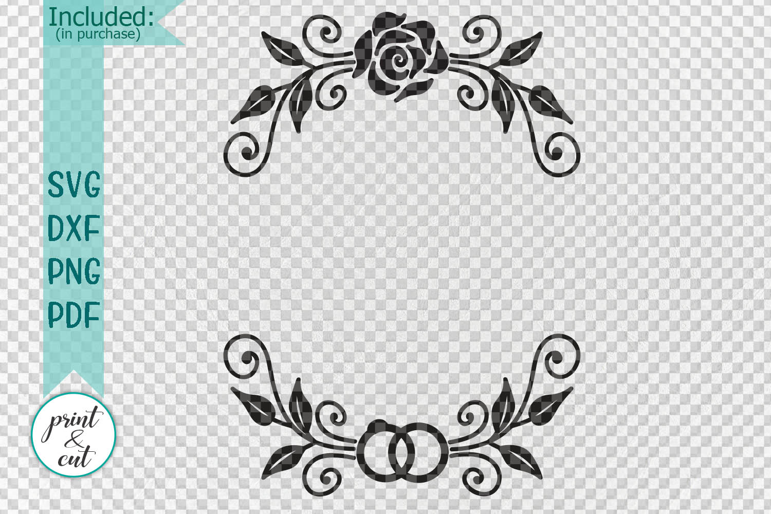 Floral Wedding Swirls Borders Monogram frame cut print file