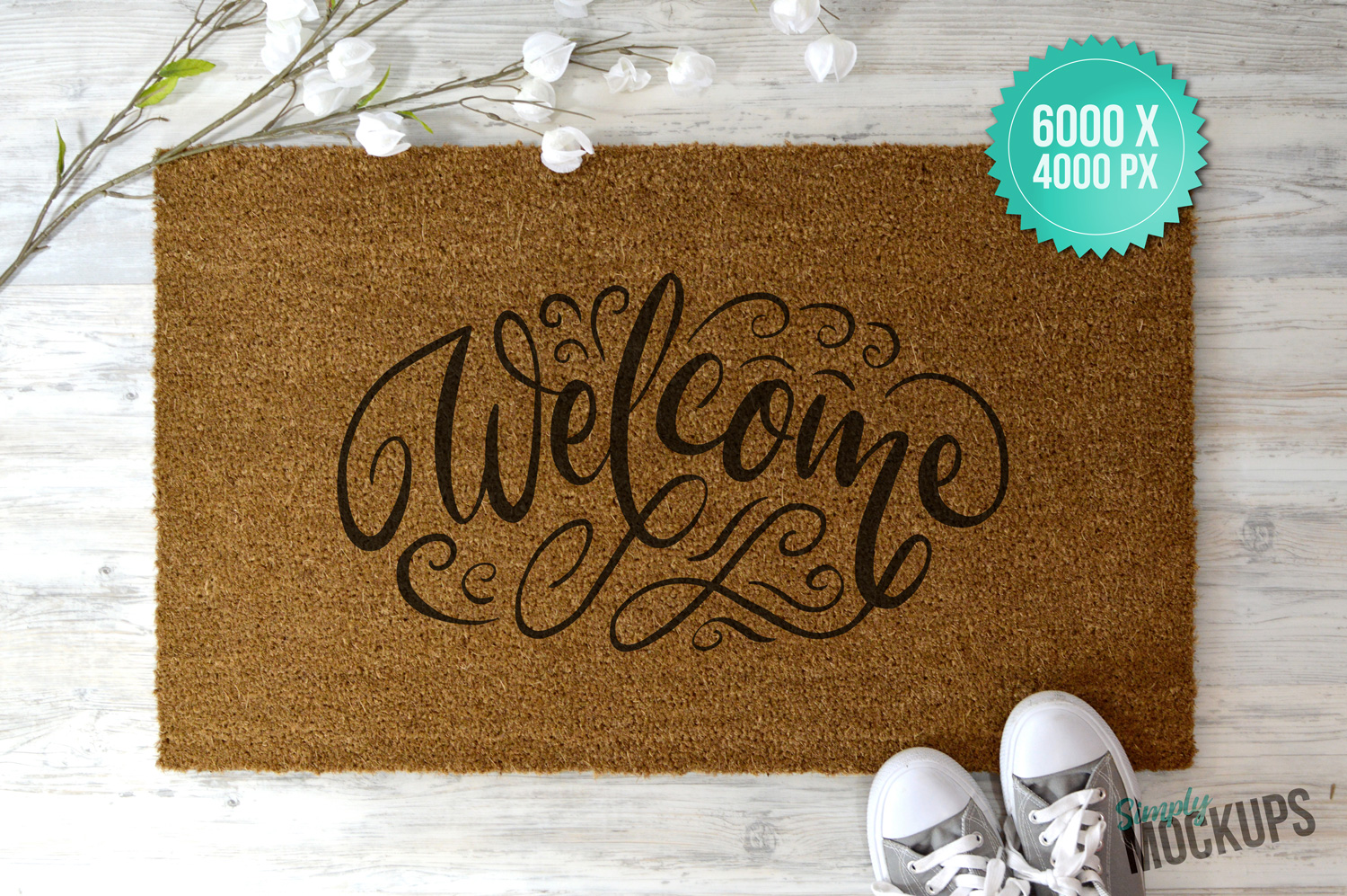 Download Coir Doormat Mockup With Flowers & Shoes (158477) | Mock Ups | Design Bundles