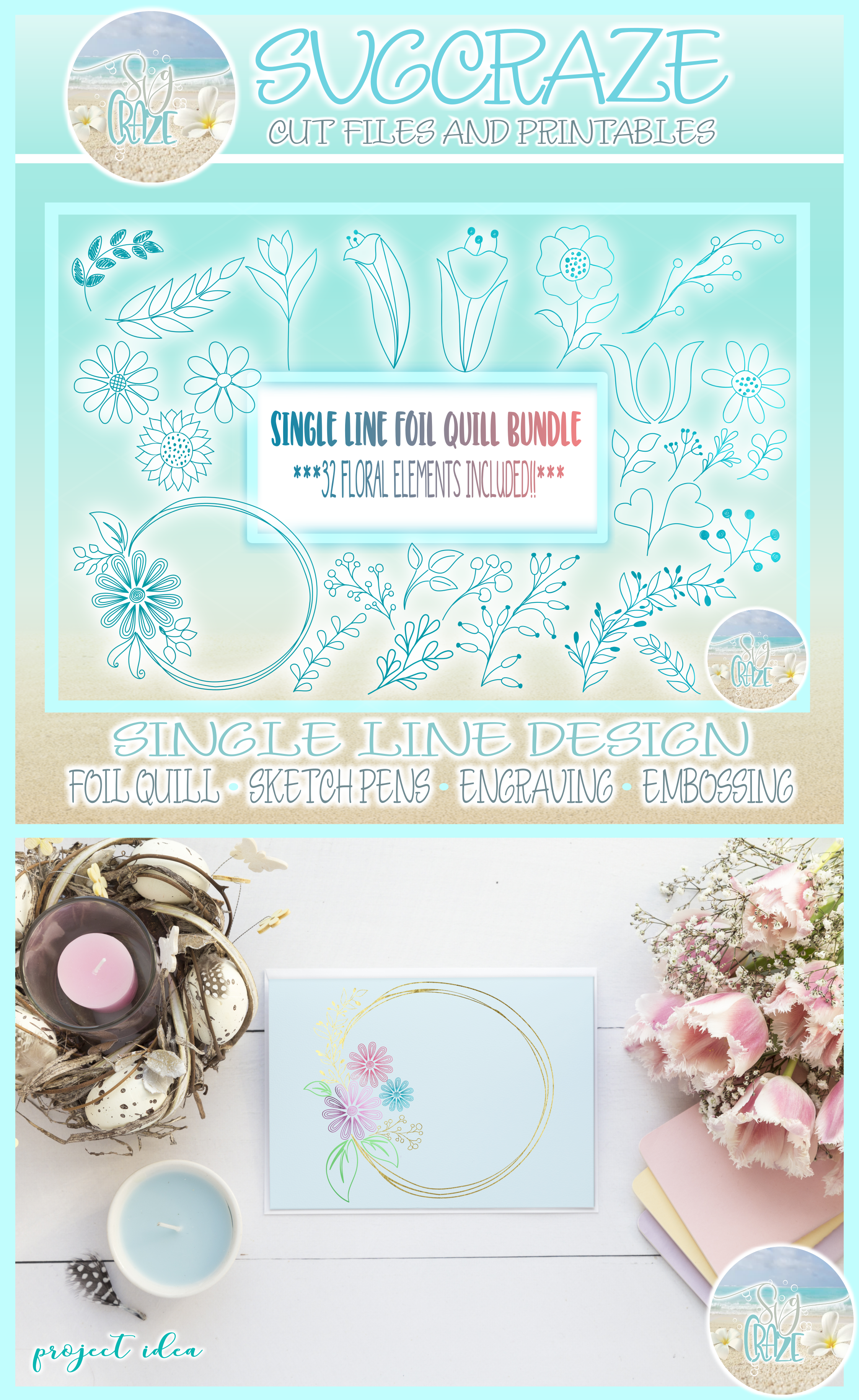 Download 32 Floral Elements Foil Quill Single Line Bundle
