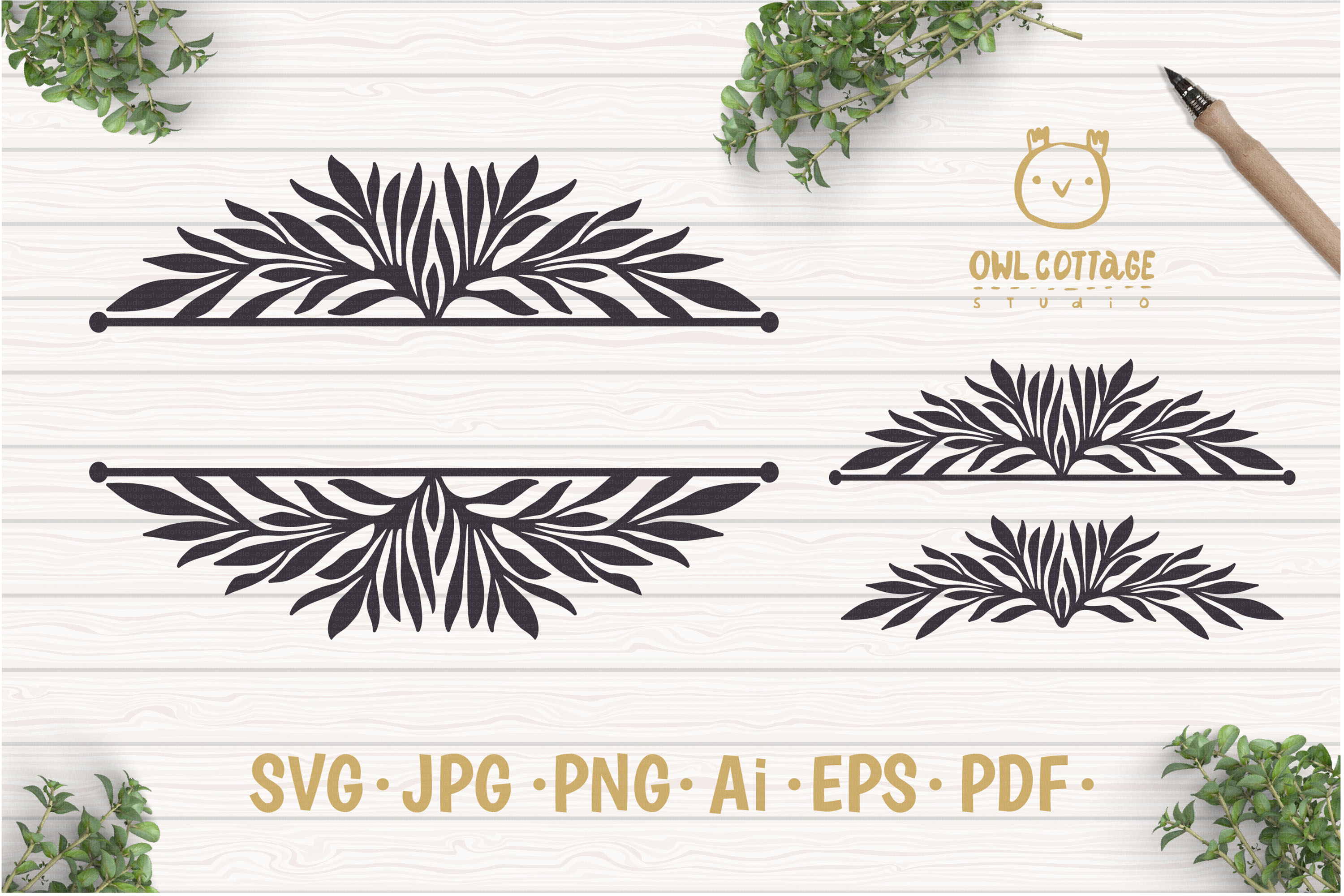 Download Laurel Leaf Split Border SVG, Floral Monogram, Wedding Sign (386665) | Cut Files | Design Bundles