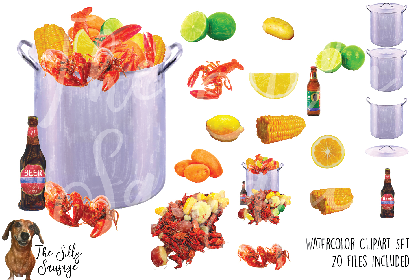 Seafood Low Country Boil Watercolor Clipart
