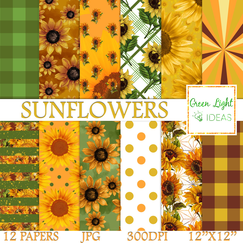 Sunflower Digital Papers, Vintage Sunflowers Scrapbook Papers