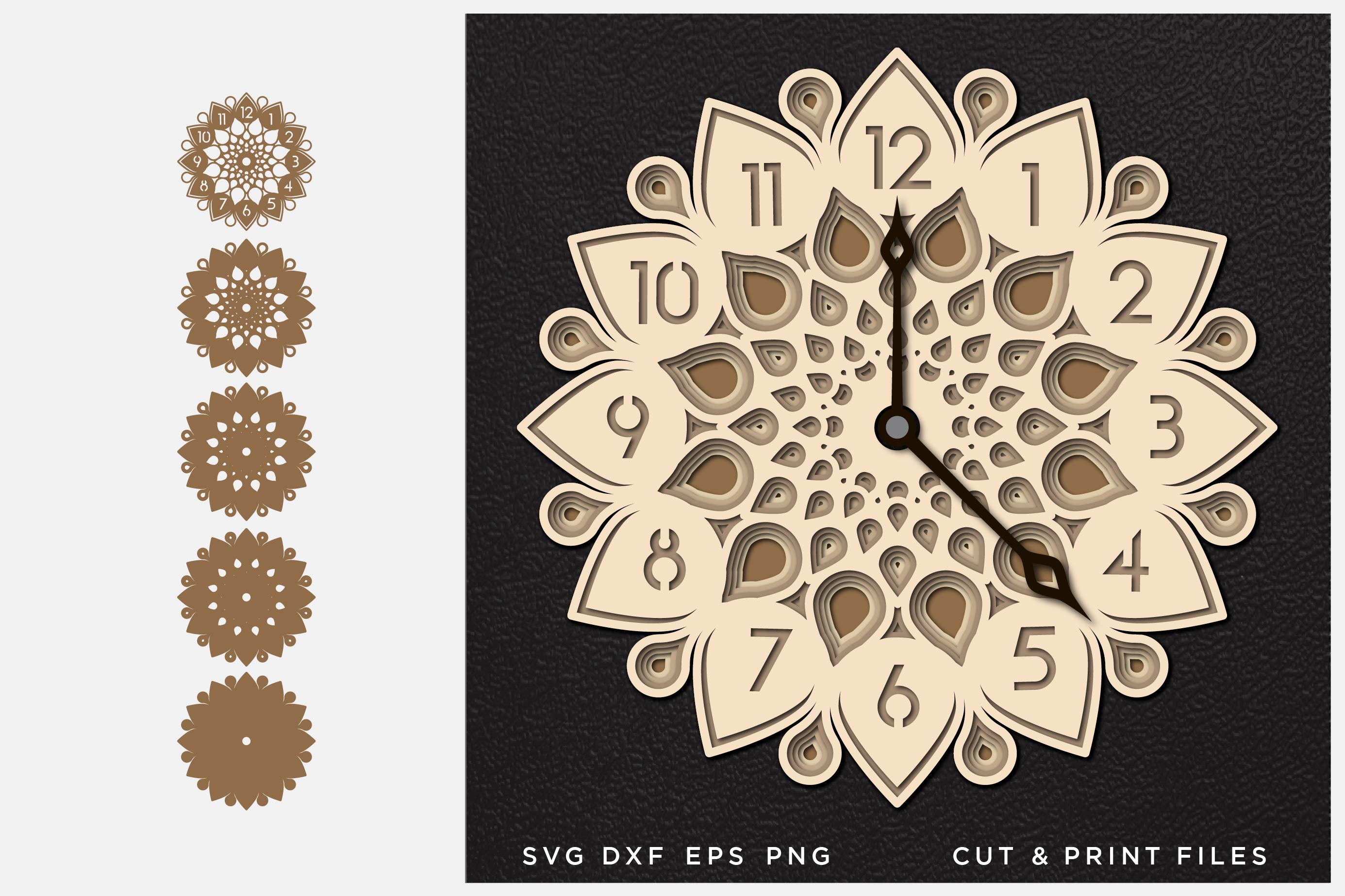 Wall Clock SVG, Cut file Mandala, Cut multilayer Mandala, 3D